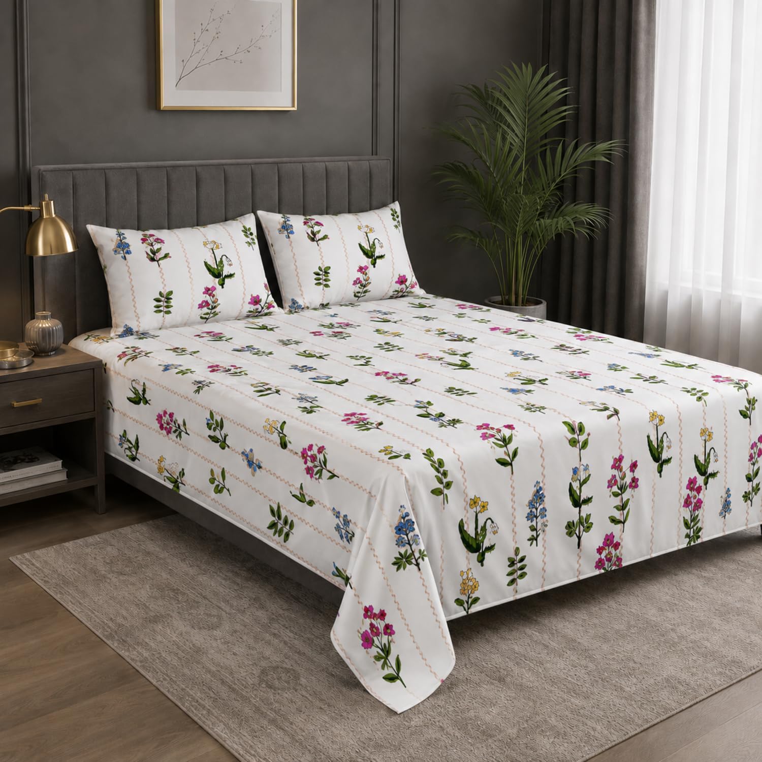 Double Bedsheet with 2 Pillow Covers 220 TC 100% Cotton Feel ( King Size Multi&White 90x100inch )