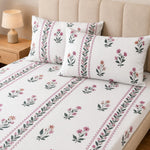 Double Bedsheet with 2 Pillow Covers 220 TC 100% Cotton Feel ( King Size Pink&White 90x100inch )