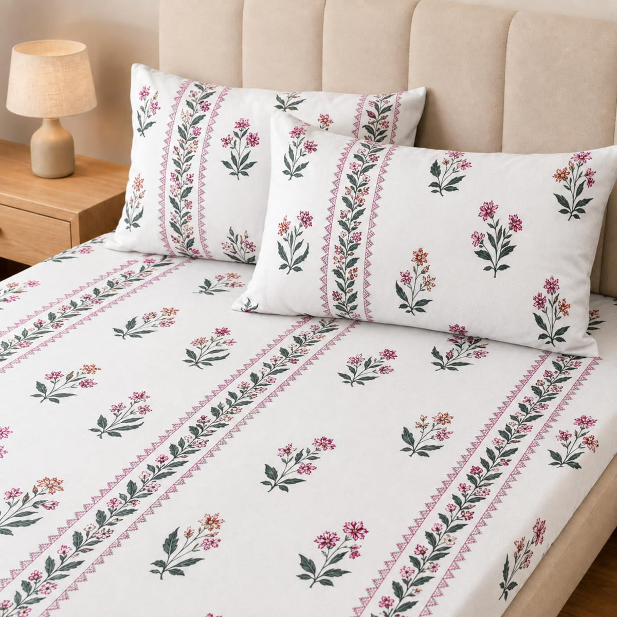 Double Bedsheet with 2 Pillow Covers 220 TC 100% Cotton Feel ( King Size Pink&White 90x100inch )