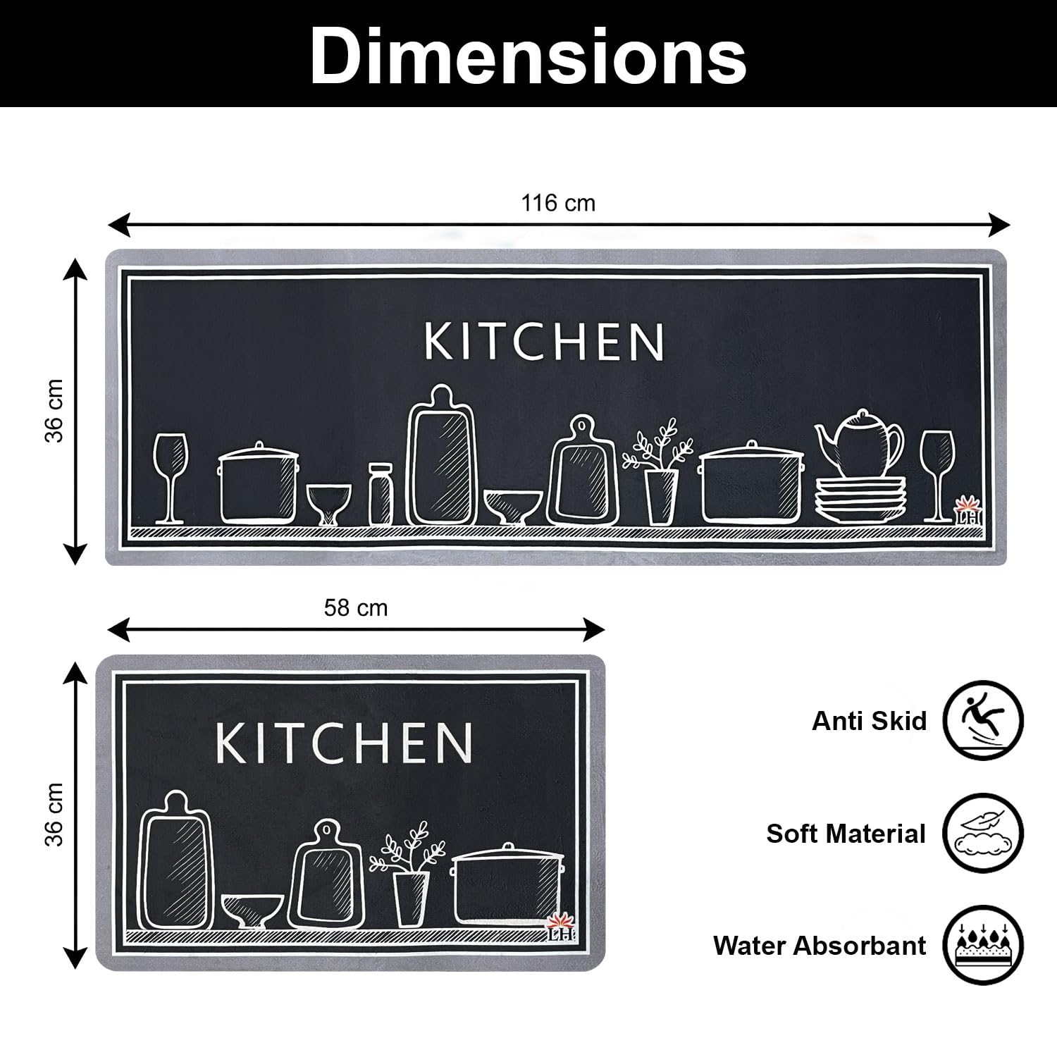 Kitchen Mat Combo Kitchen Design (116x36 & 58x36 cm Grey)
