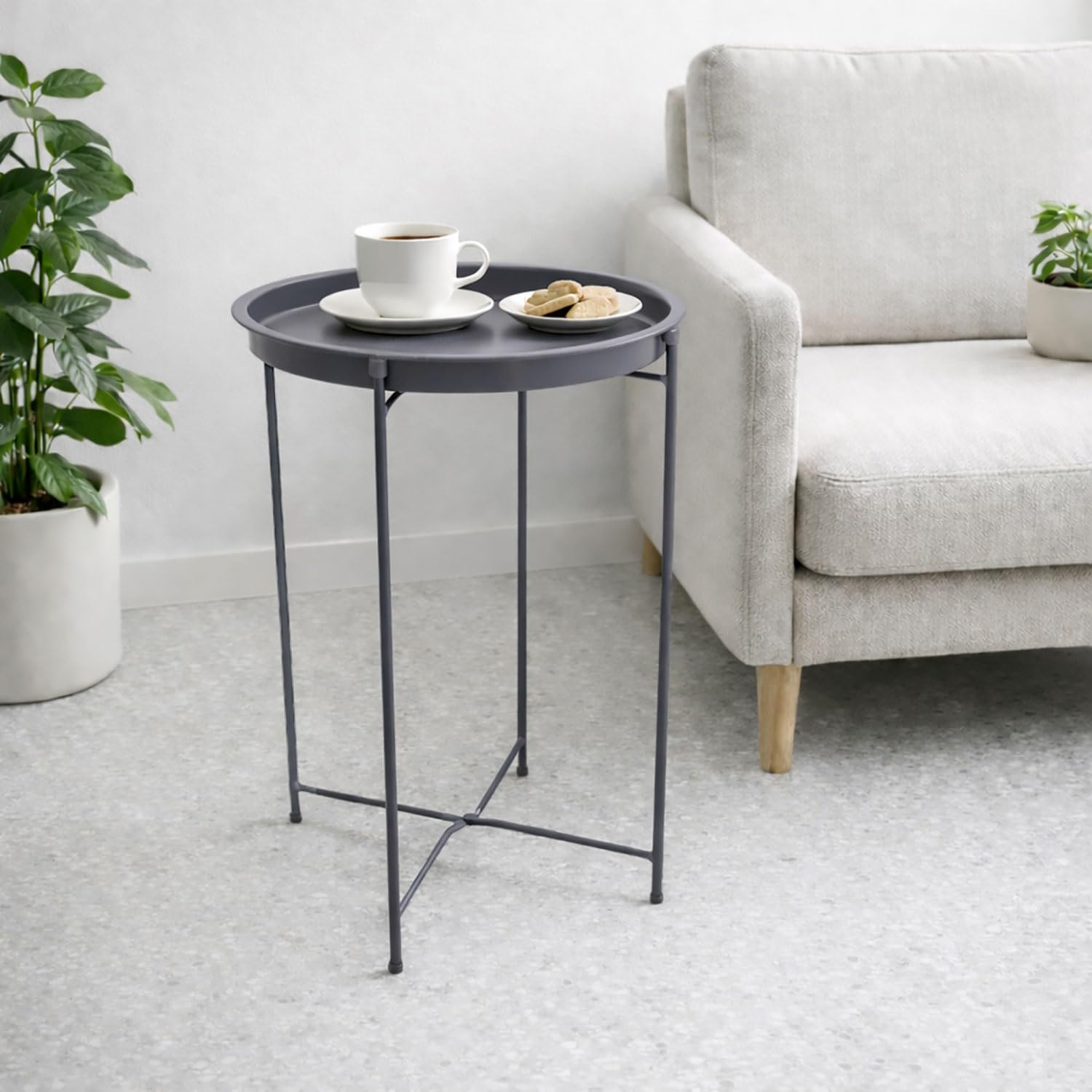 Round Metal Side Table for Living Room & Bedroom – Modern Bedside Table, Coffee Table, Corner Table with Sturdy Iron Frame, Silver, 33x33x48-Small