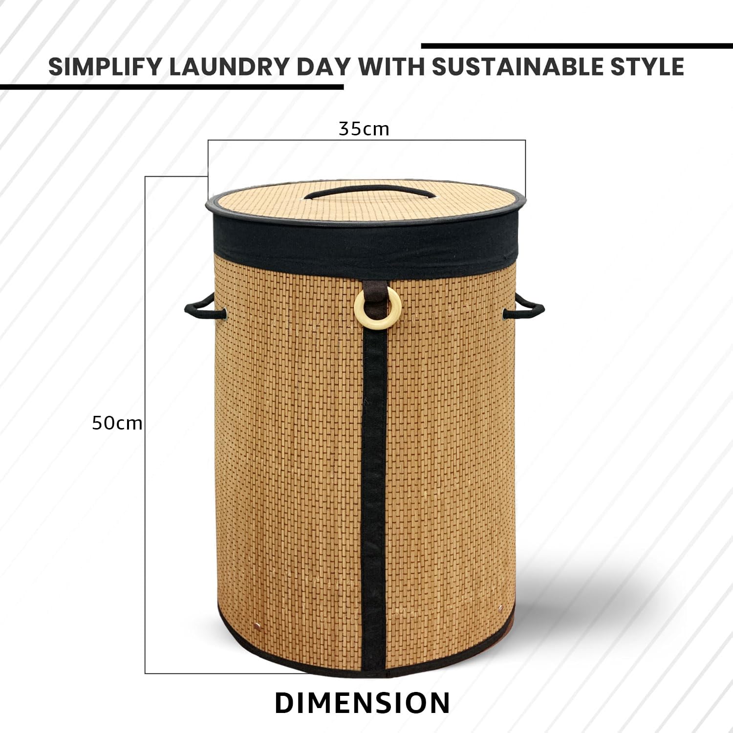 Round Bamboo Laundry Basket with Lid (Natural, 35x35x50 cm)