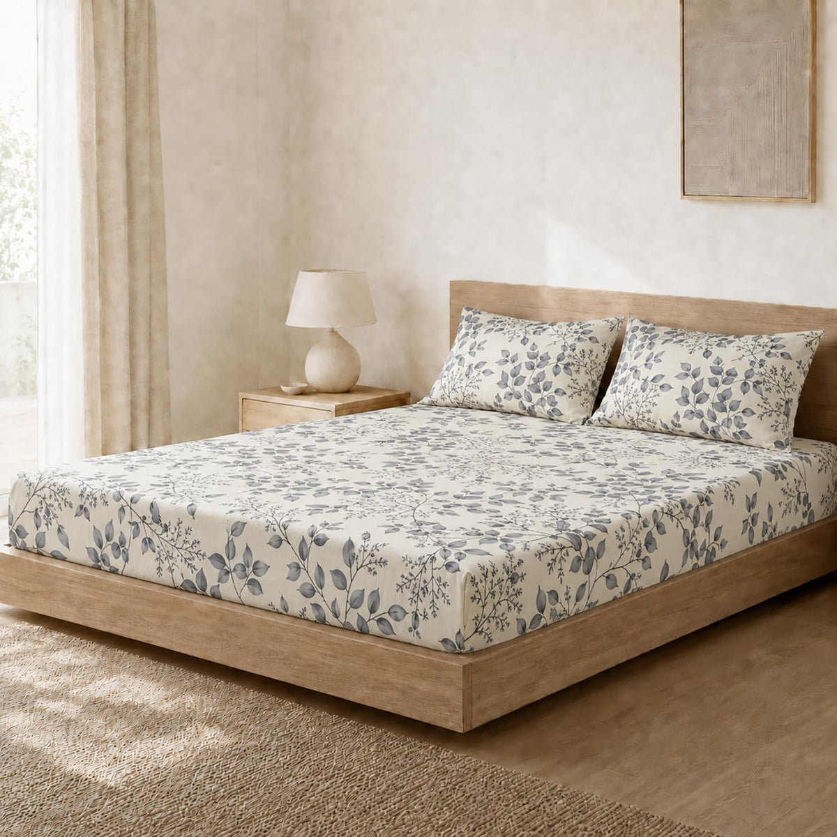 Double Bedsheet with 2 Pillow Covers 220 TC 100% Cotton Feel ( King Size Grey &White 90x100 inch )