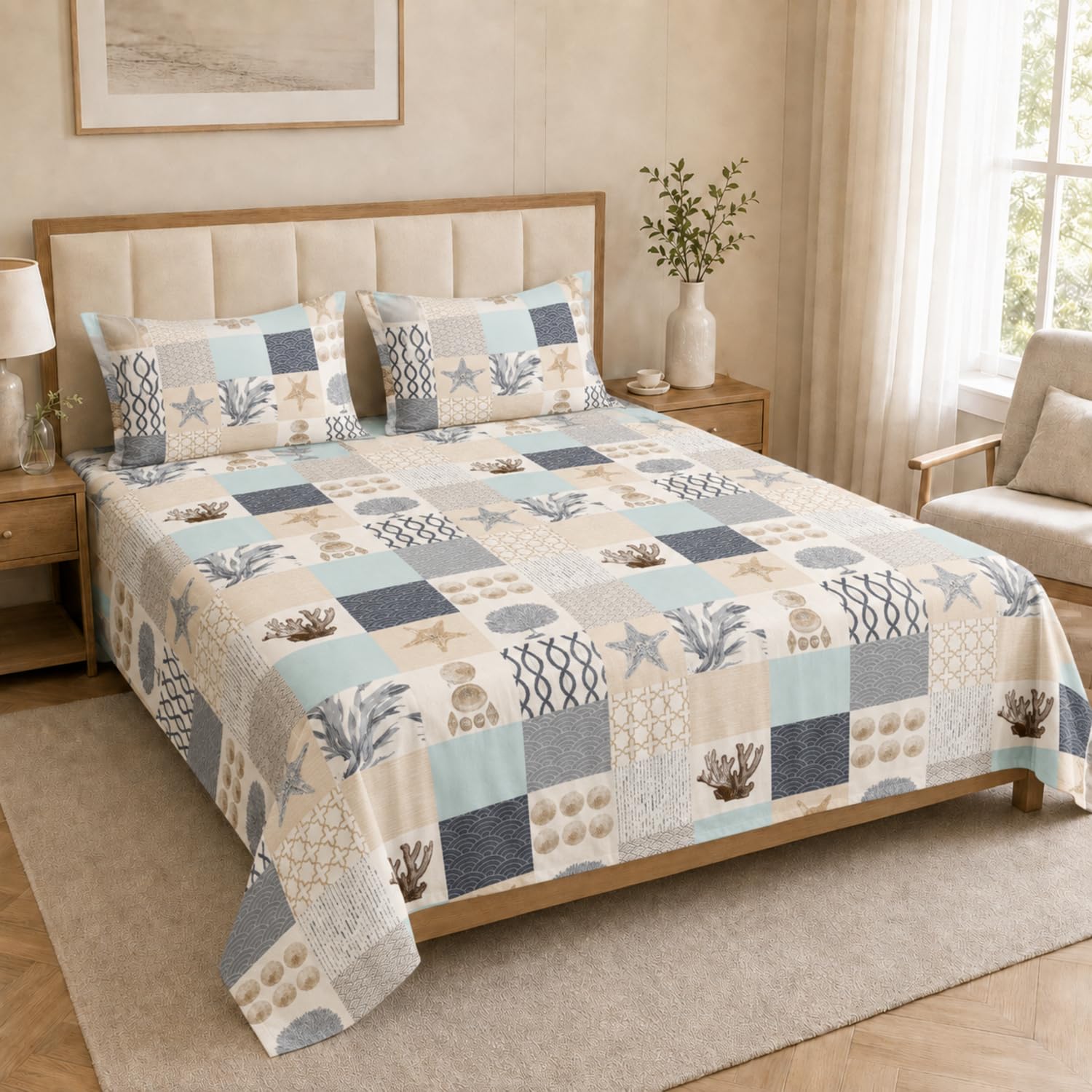 Double Bedsheet with 2 Pillow Covers 220 TC 100% Cotton Feel ( King Size Cream 90x100inch )