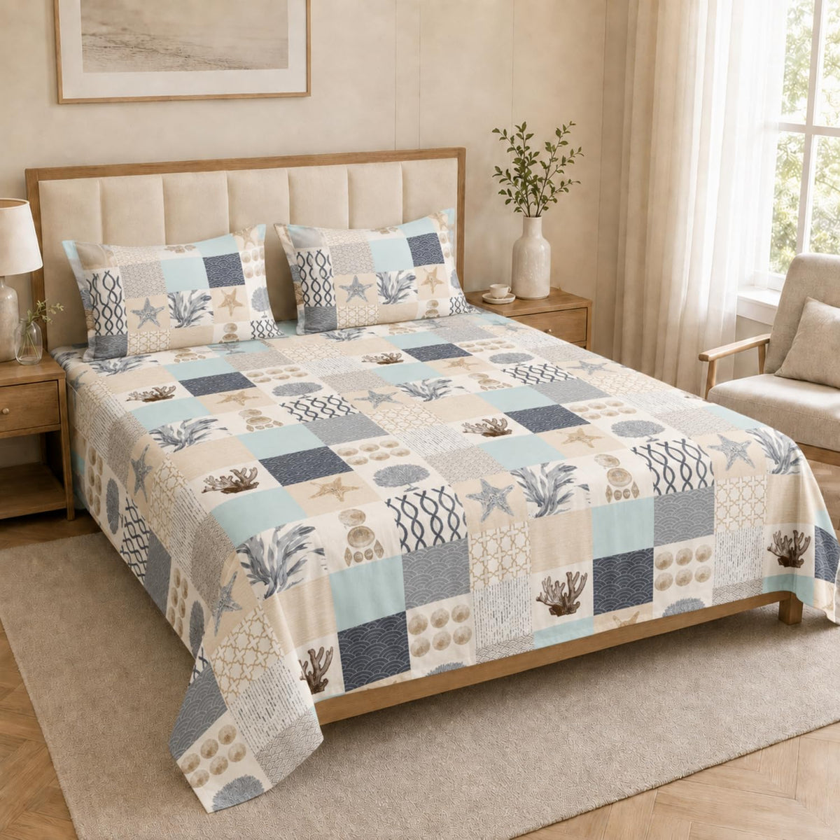 Double Bedsheet with 2 Pillow Covers 220 TC 100% Cotton Feel ( King Size Cream 90x100inch )