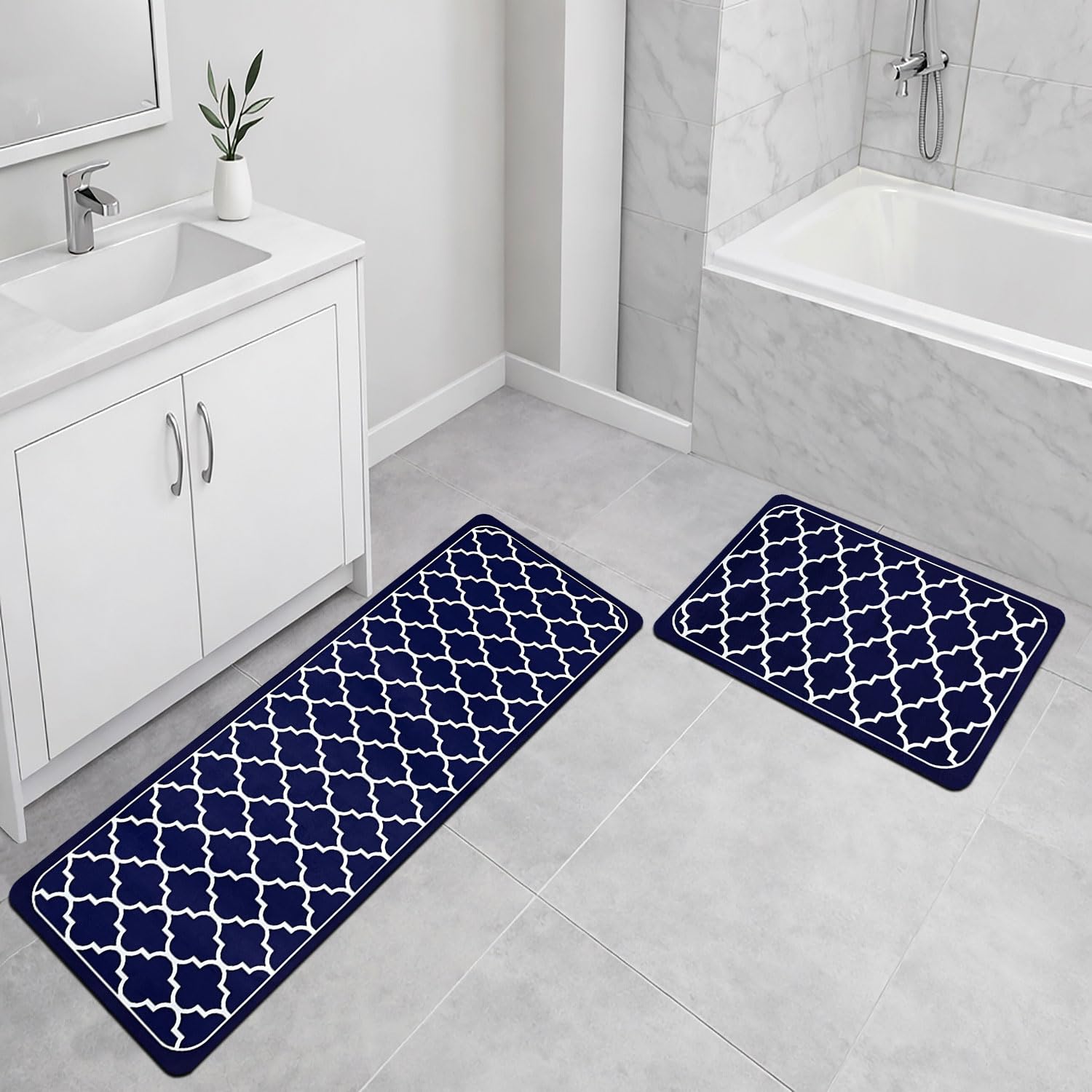 Kitchen Mat Combo Quatrefoil Design (116x36 & 58x36 cm Blue)
