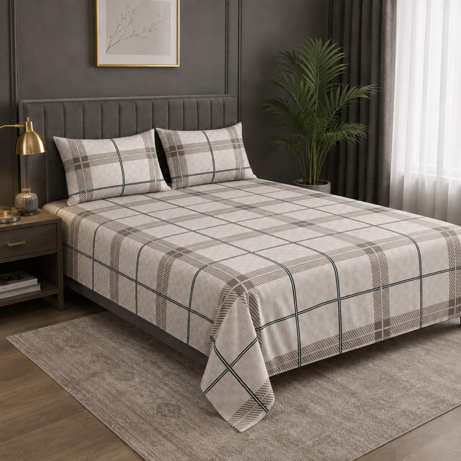 King Size Double Bedsheet with 2 Pillow Covers Premium Classic Plaid Printed Grey 90x100 inch