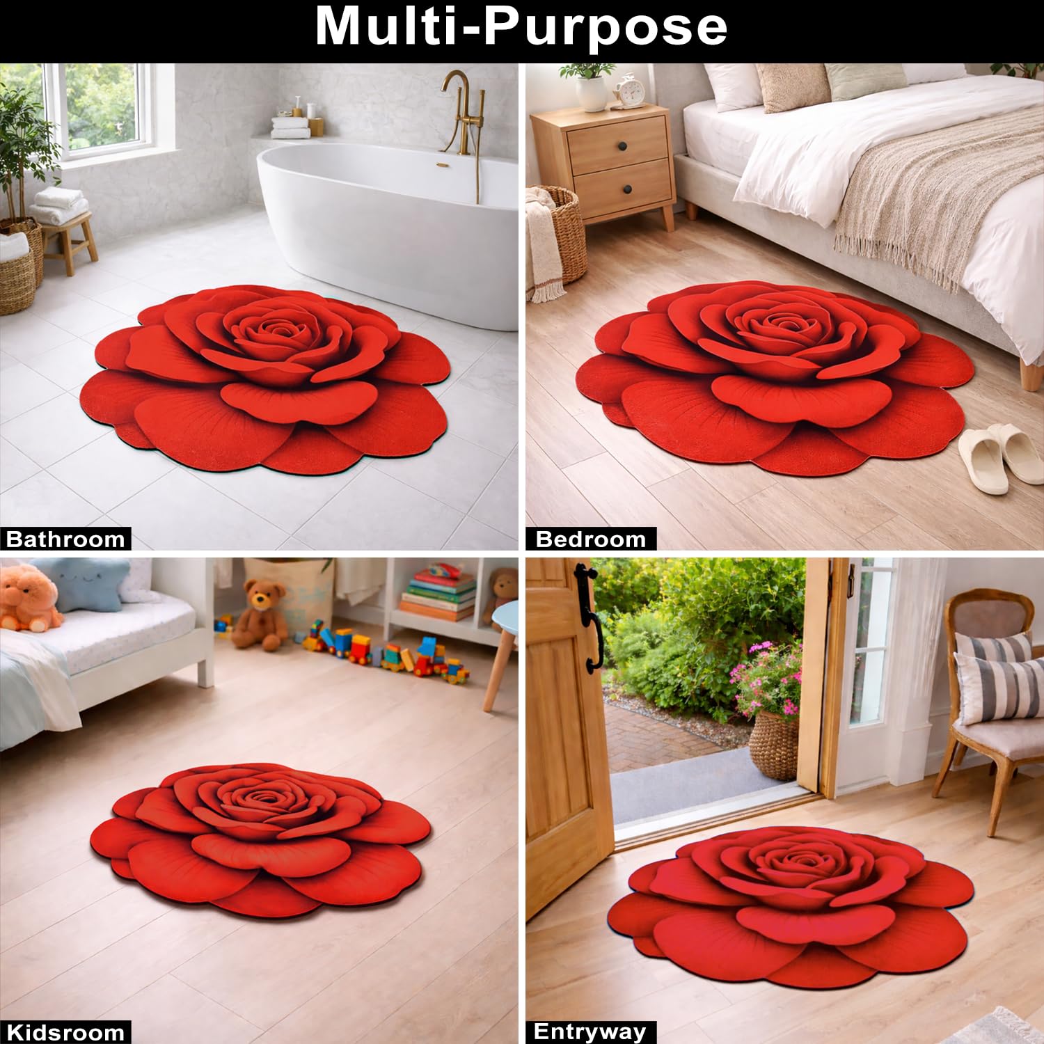 3D Bath Mat Rose Shaped Super Soft (Red, 67x71 cm)