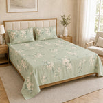 Double Bedsheet with 2 Pillow Covers 220 TC 100% Cotton Feel ( King Size Green & White 90x100inch )