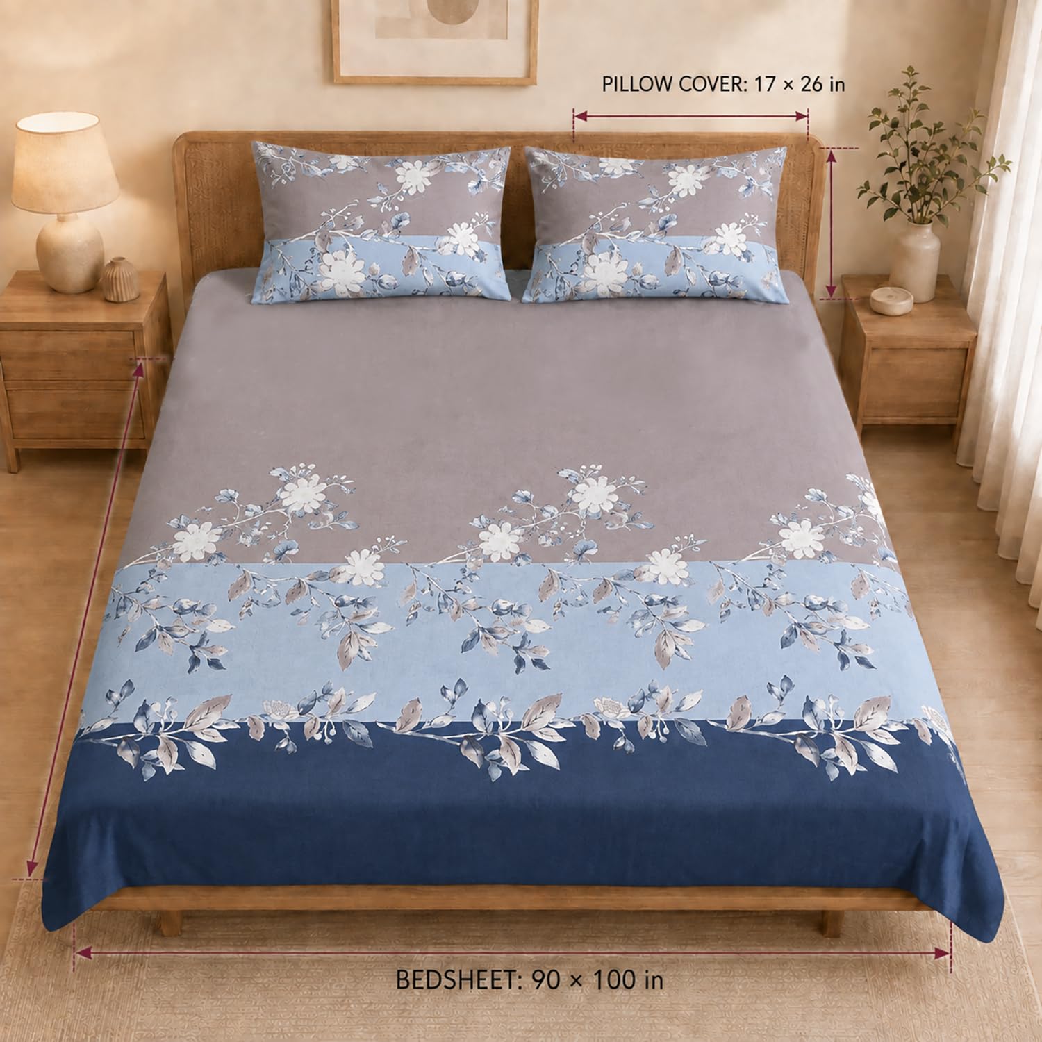 Double Bedsheet with 2 Pillow Covers 220 TC 100% Cotton Feel (King Size Dusty Blue  90x100 inch )