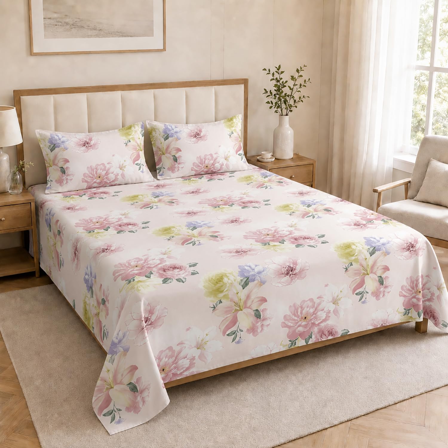 Double Bedsheet with 2 Pillow Covers Premium 240 TC 100% Cotton Feel ( King Size Blush 108x108 inch )