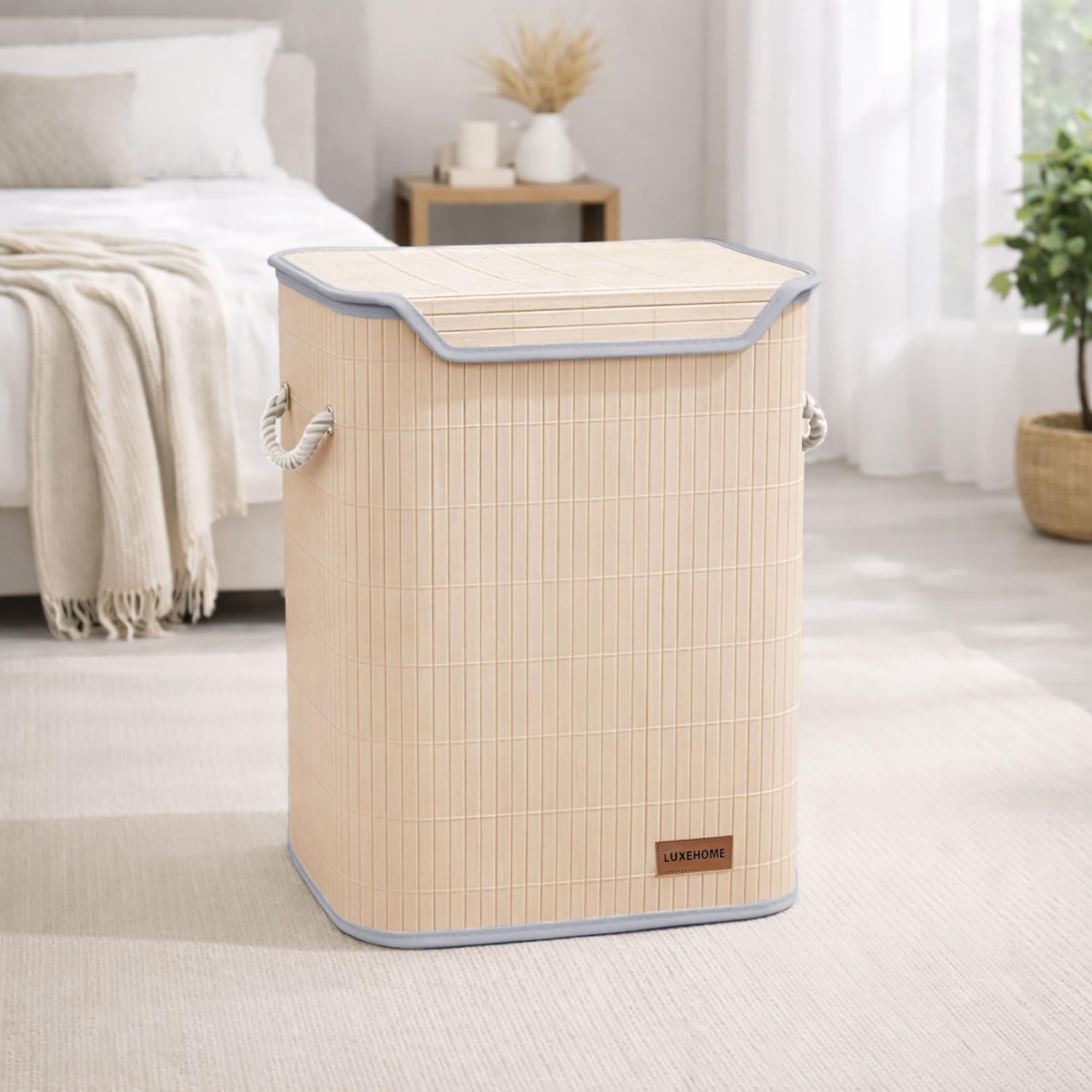 Rectangle Bamboo Laundry Basket for Clothes (Cream, 40x30x50 cm)