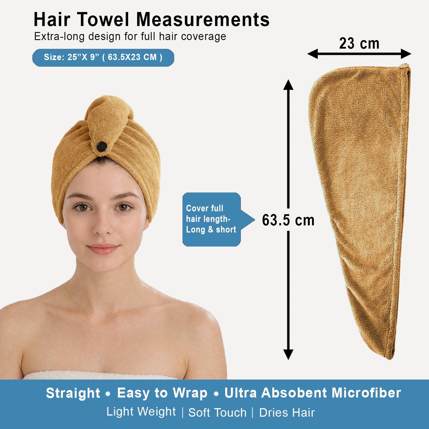 Microfibre Hair Towel Wrap for Women and Men ( 23x63.5 cm, Beige)