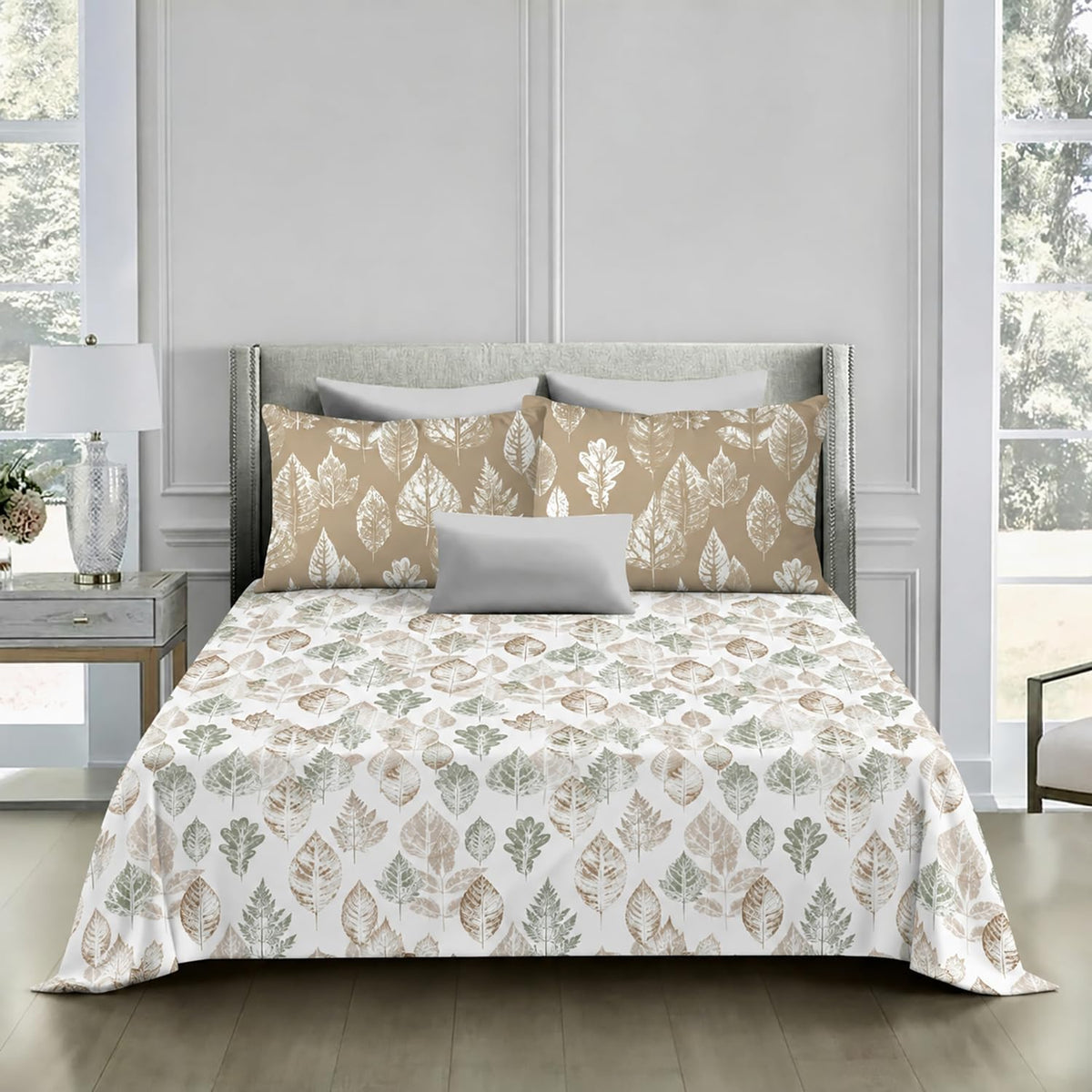 King Size Double Bedsheet with 2 Pillow Covers Premium Leaf Print 108x108inch