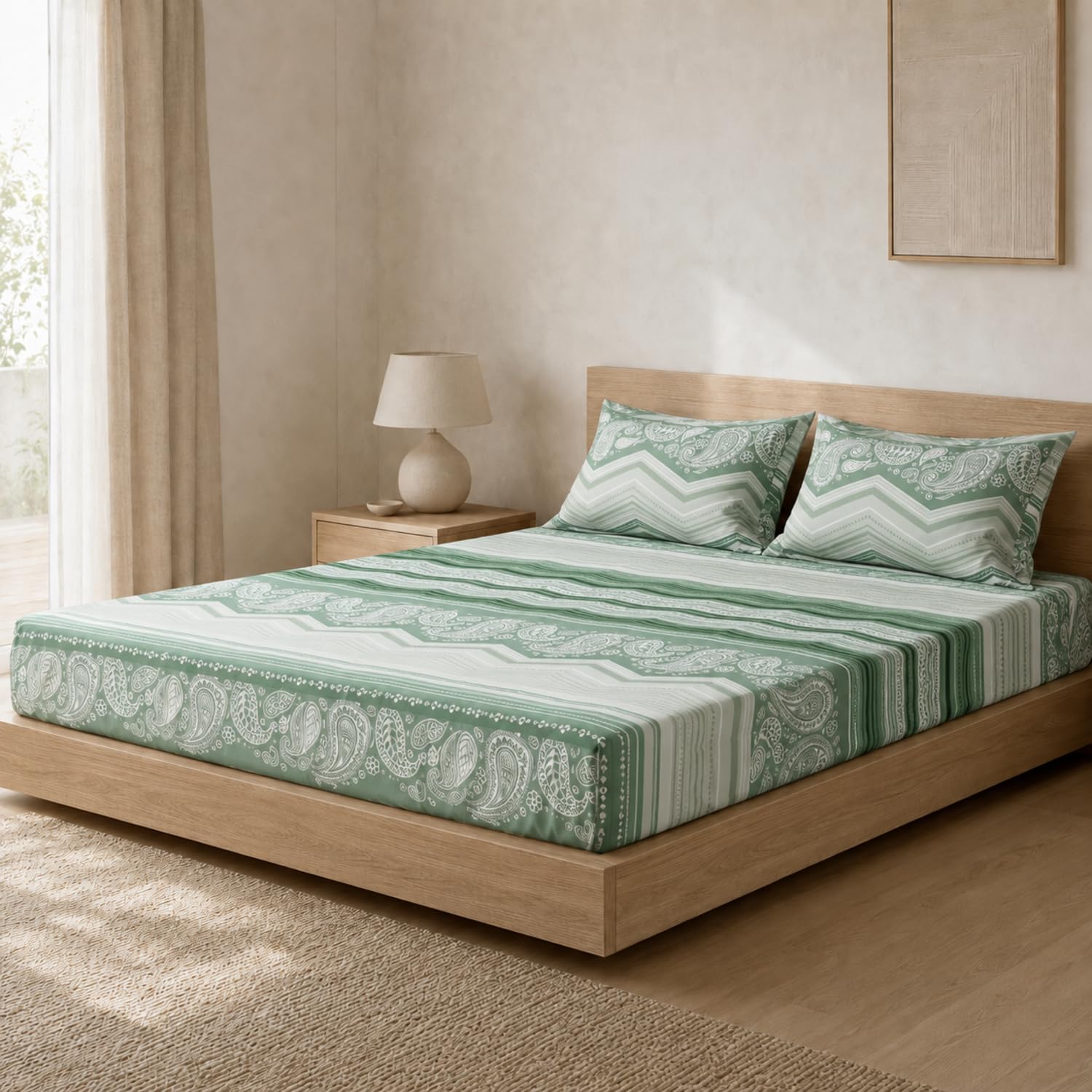 Double Bedsheet with 2 Pillow Covers 220 TC 100% Cotton Feel ( King Size Green 90x100inch )