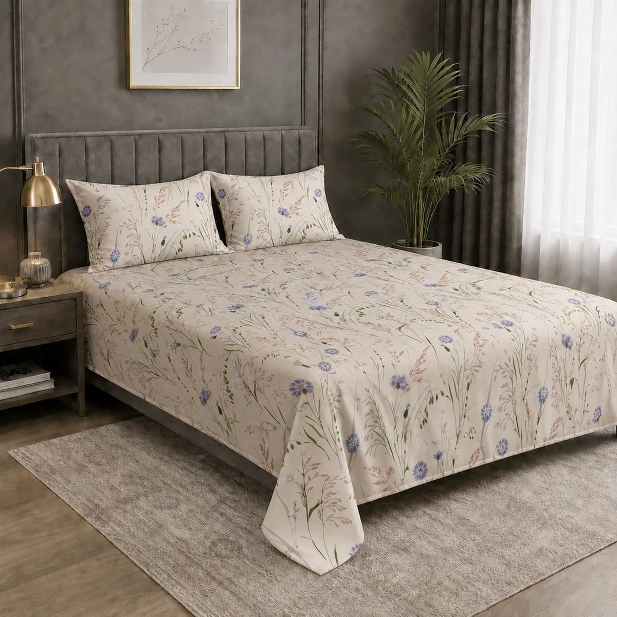 Double Bedsheet with 2 Pillow Covers Premium 240 TC 100% Cotton Feel ( King Size Ivory 108x108 inch )
