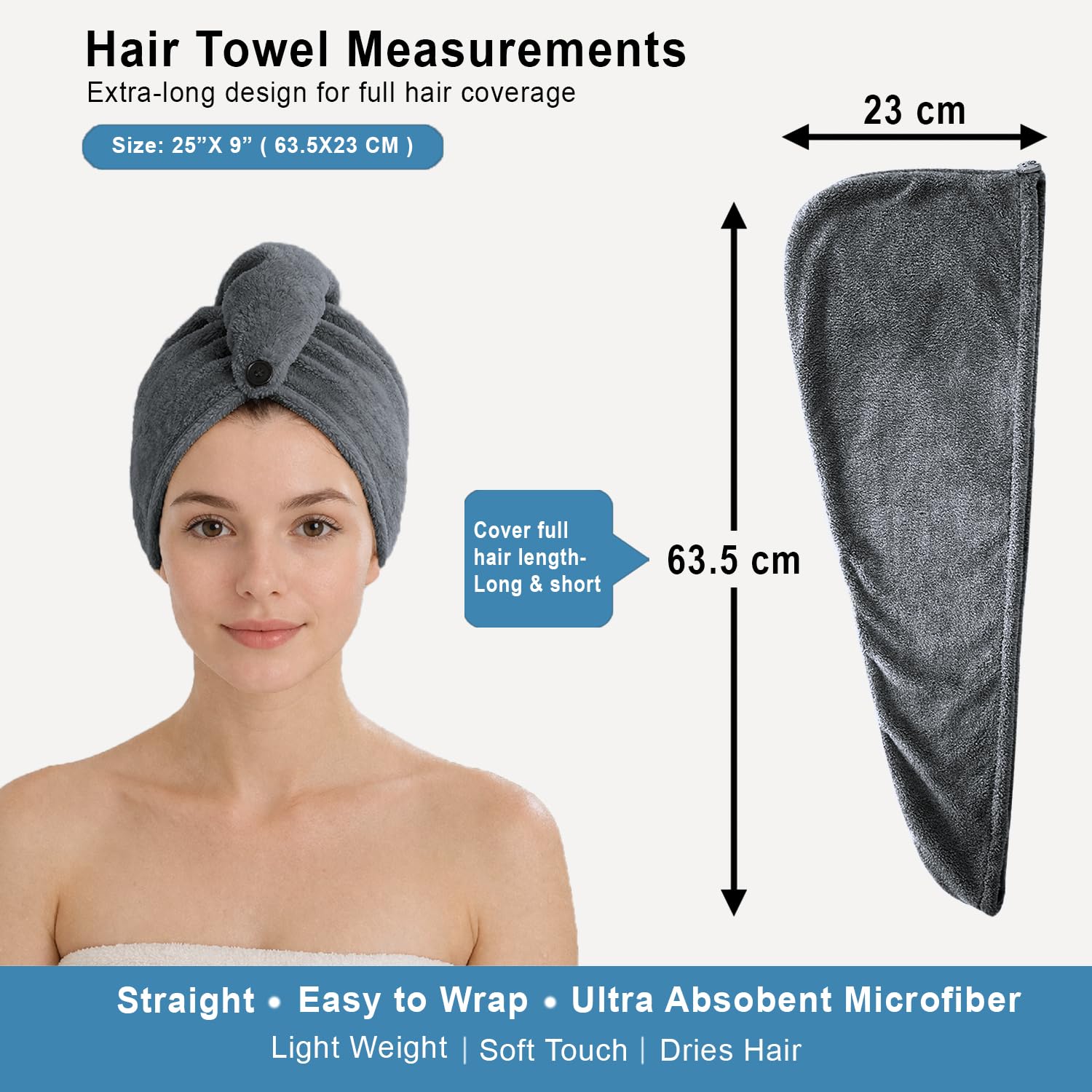 Microfibre Hair Towel Wrap for Women and Men ( 23x63.5 cm, Green ) Pack Of 2