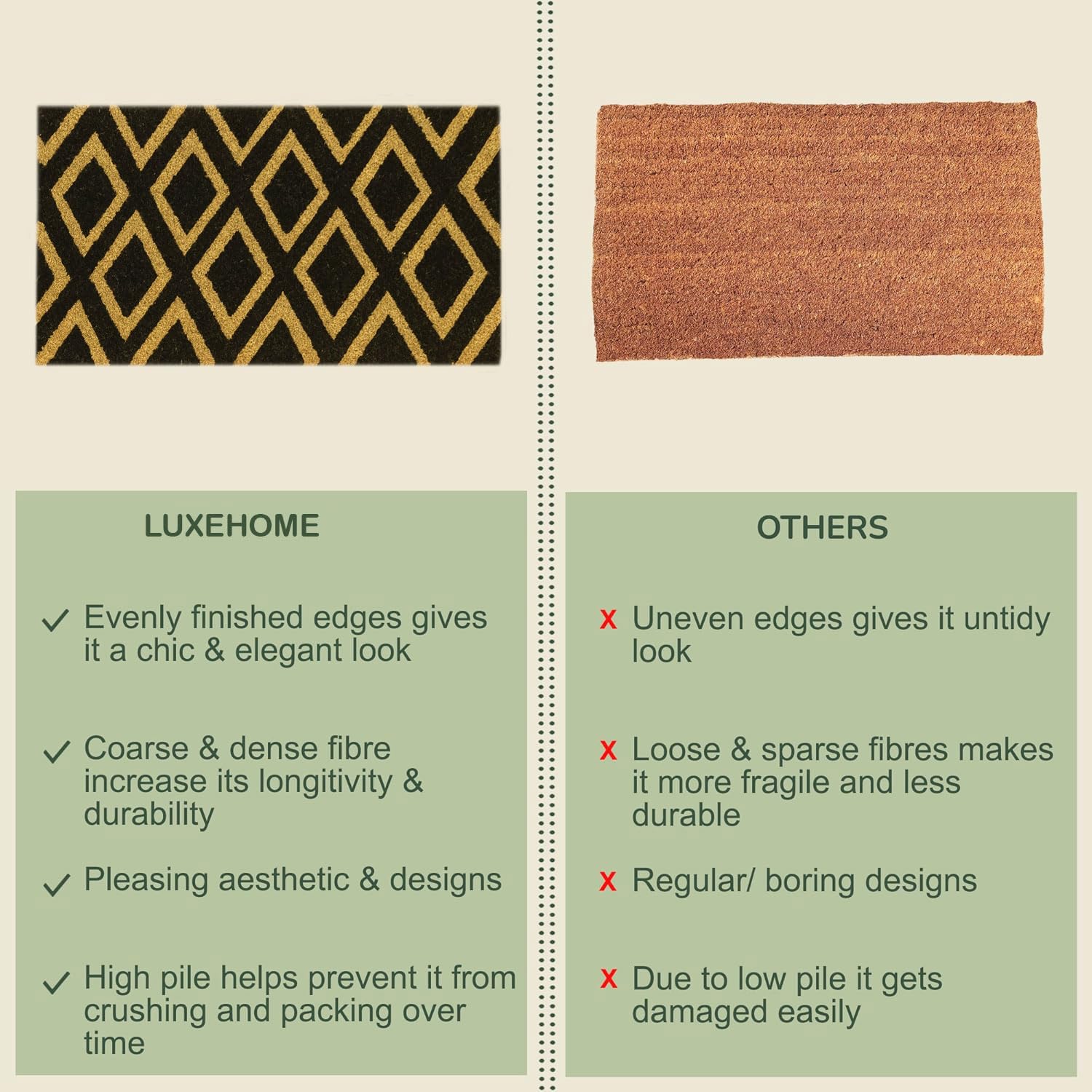 Coir Doormat for Home Entrance (Diamond Print Design ,71x45 cm)