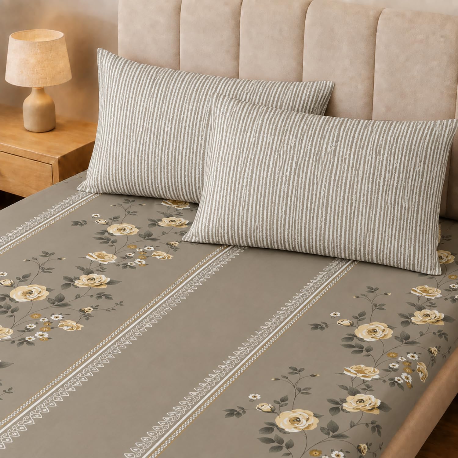 Double Bedsheet with 2 Pillow Covers Premium 240 TC 100% Cotton Feel King Size ( Taupe 108x108 inch )