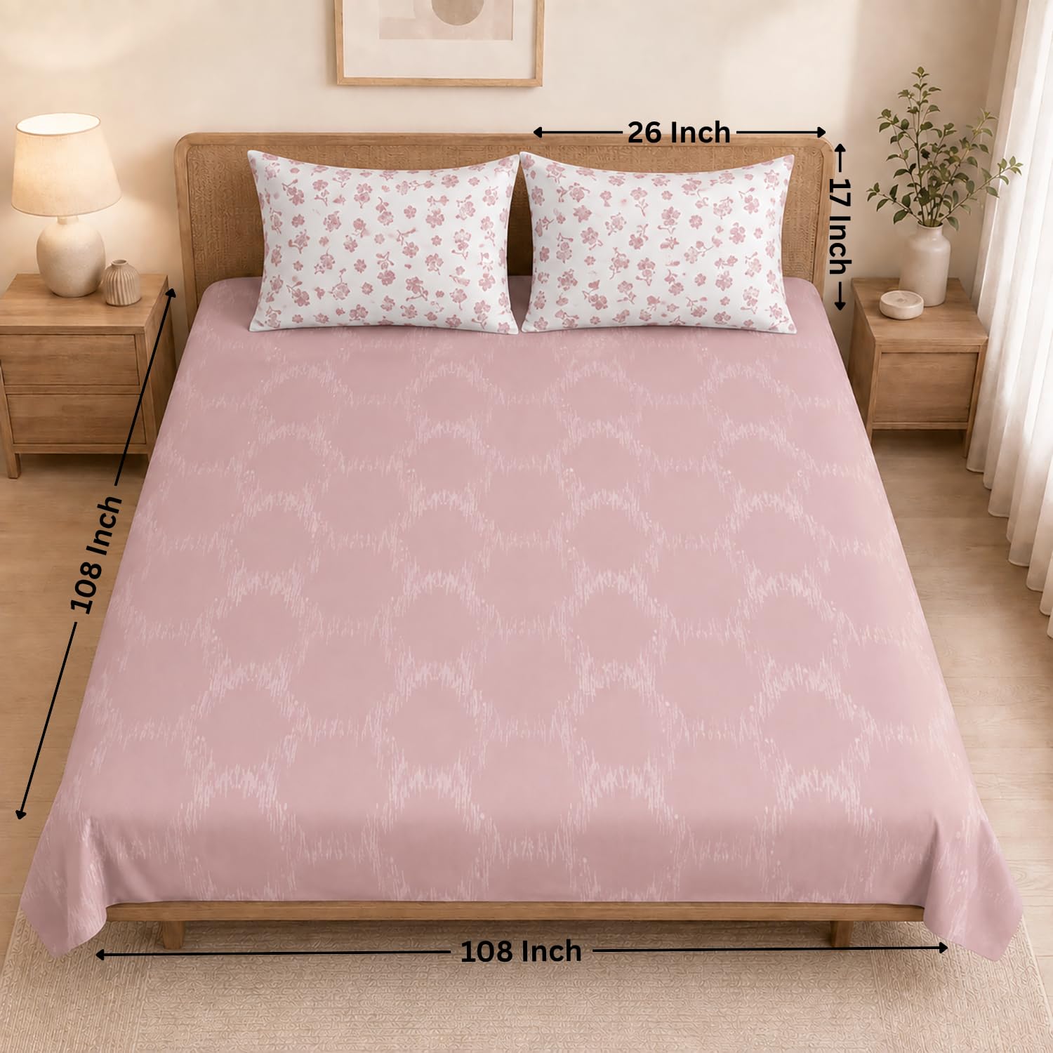 Double Bedsheet with 2 Pillow Covers Premium 240 TC 100% Cotton Feel ( King Size Rose 108x108 inch )