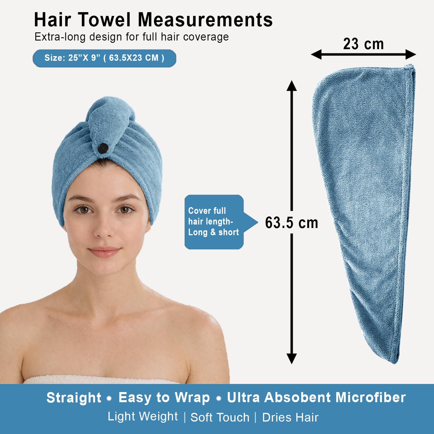 Microfibre Hair Towel Wrap for Women and Men ( 23x63.5 cm, Beige) Pack Of 2
