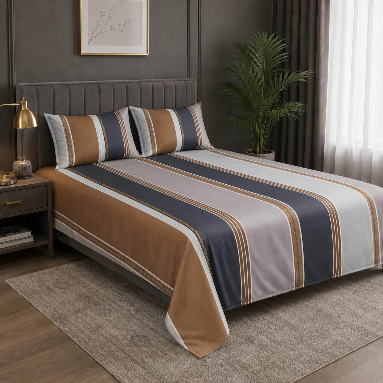 Double Bedsheet with 2 Pillow Covers 220 TC 100% Cotton Feel ( King Size Taupe 90x100inch )