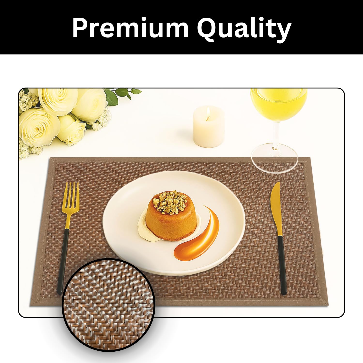 Luxe Home International PVC Vinyl Basket Design Placemat STBT001 – Heat Resistant, Wipe Clean, Anti-Skid Table Mats for Dining Table, Kitchen & Home Decor (30x45 CM Brown Set of 4)