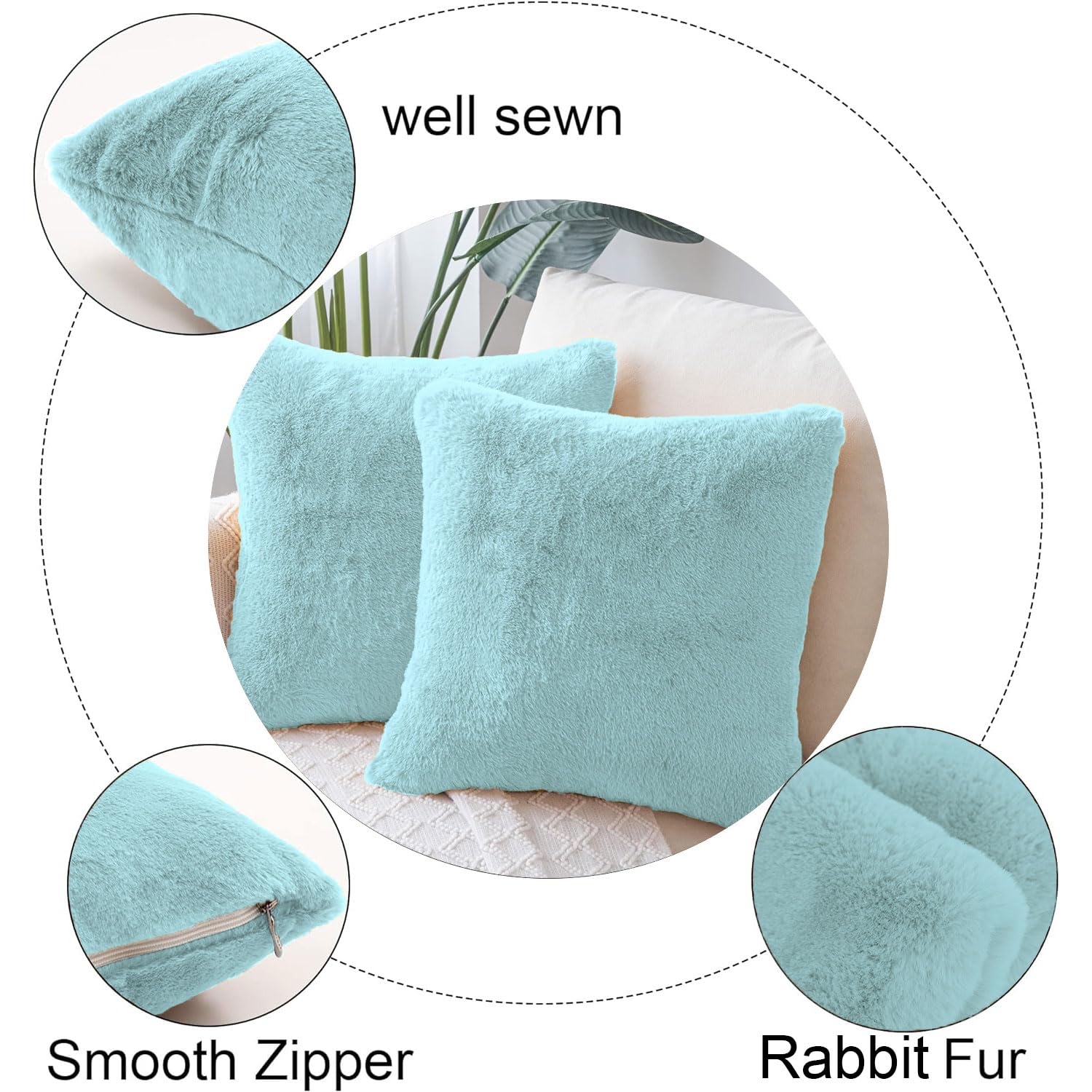 Cushion Cover Duble Side Rabbit Fur Set of 2(16 x 16 inch ,Turquish)