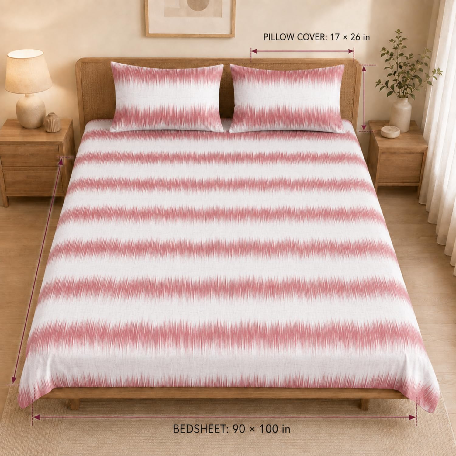 Double Bedsheet with 2 Pillow Covers 220 TC 100% Cotton Feel ( King Size Pink 90x100inch )