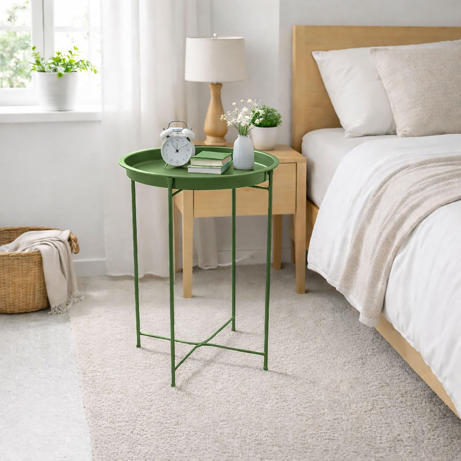 Round Metal Side Table for Living Room & Bedroom – Modern Bedside Table, Coffee Table, Corner Table with Sturdy Iron Frame, Green, 33x33x48-Small