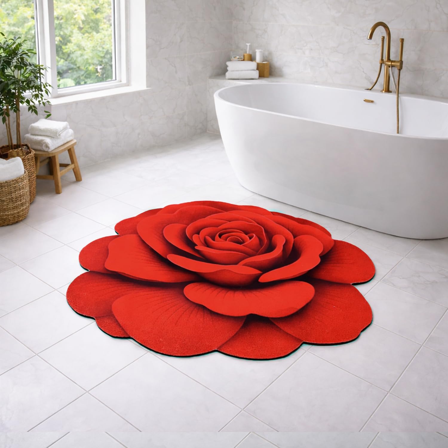 3D Bath Mat Rose Shaped Super Soft (Red, 67x71 cm)