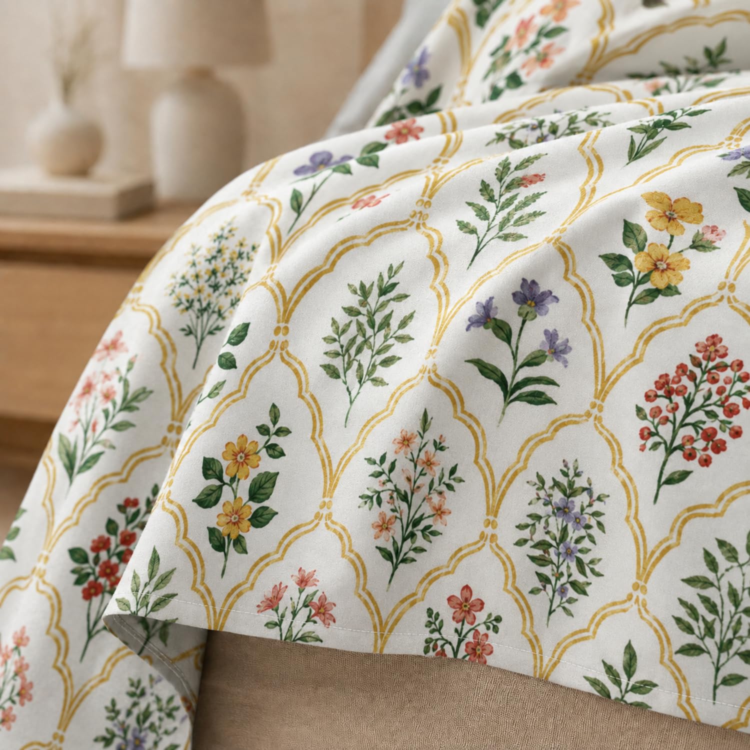 King Size Double Bedsheet with 2 Pillow Covers Premium Golden Arch Garden Printed 90 x 100