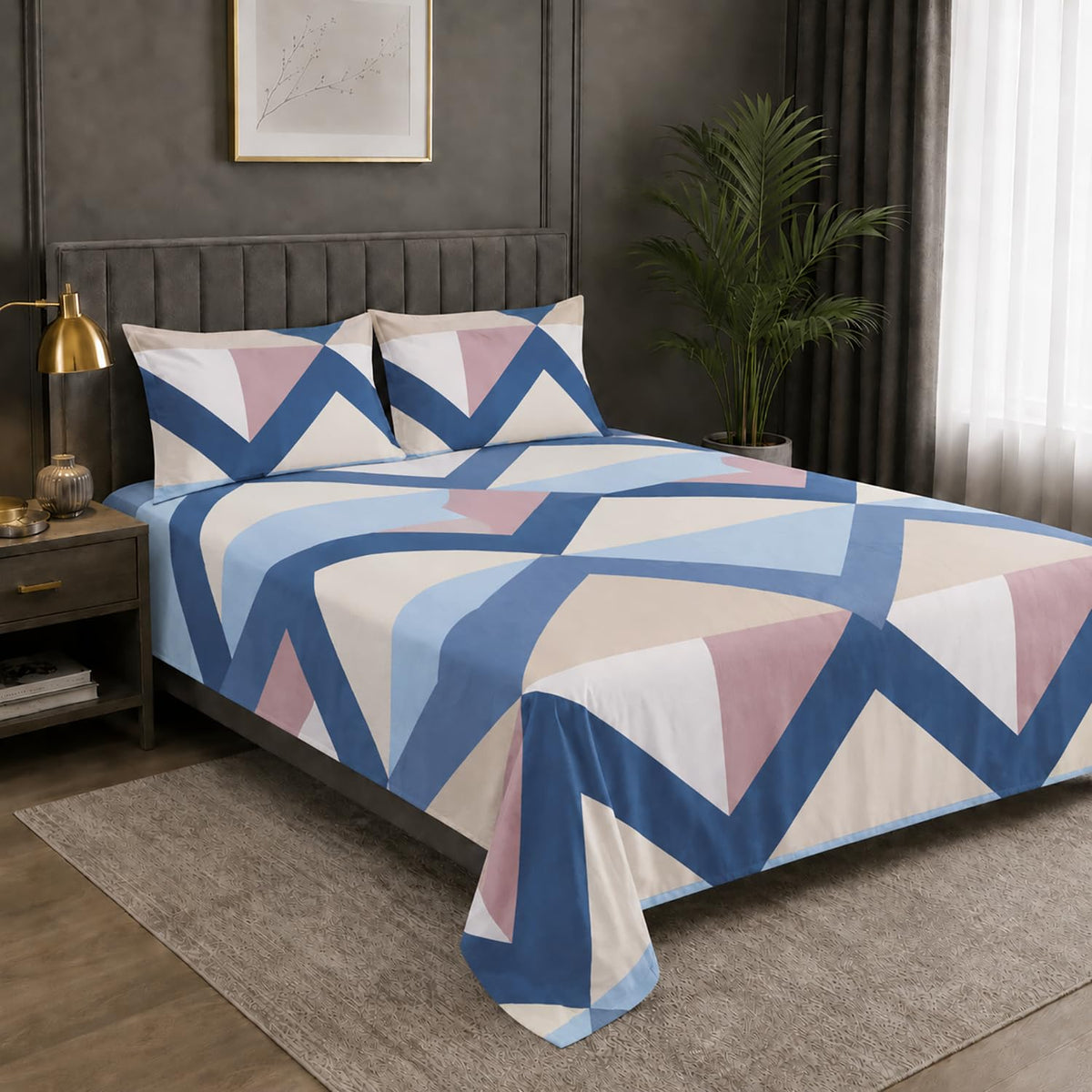 Double Bedsheet with 2 Pillow Covers 220 TC 100% Cotton Feel ( King Size Blue & Beige 90x100 inch )