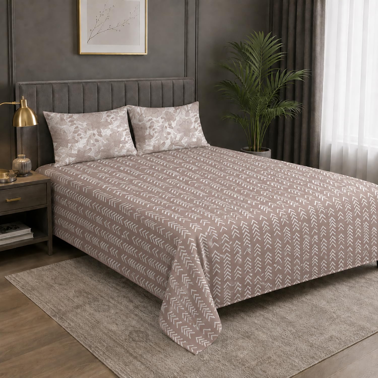 Double Bedsheet with 2 Pillow Covers Premium 240 TC 100% Cotton Feel (  108x108inch , Taupe )