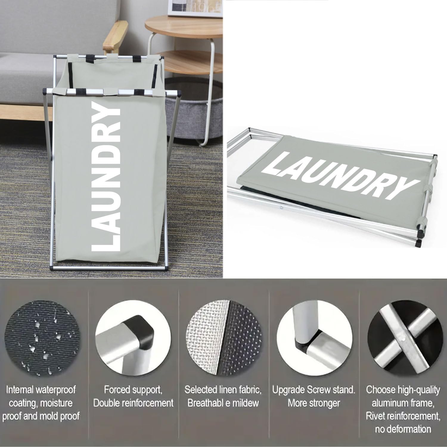 Foldable Laundry Bakset with Metal Frame (30L x 35W x 50H cm ,Gray)
