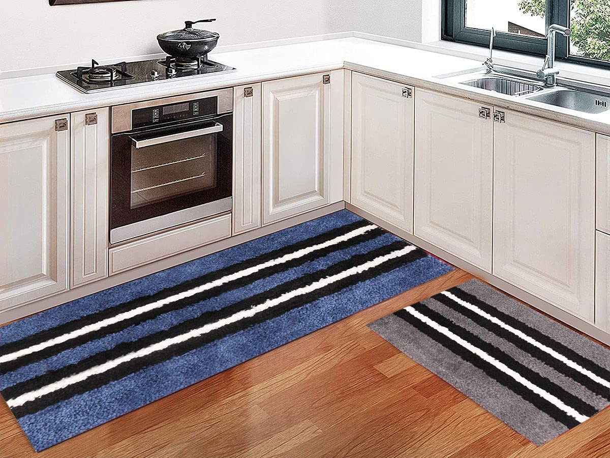 Newman Rugs Runner for Bathroom 1600 GSM Microfiber Pack of 2 (58X140 + 38x58 cm, Blue + Grey)