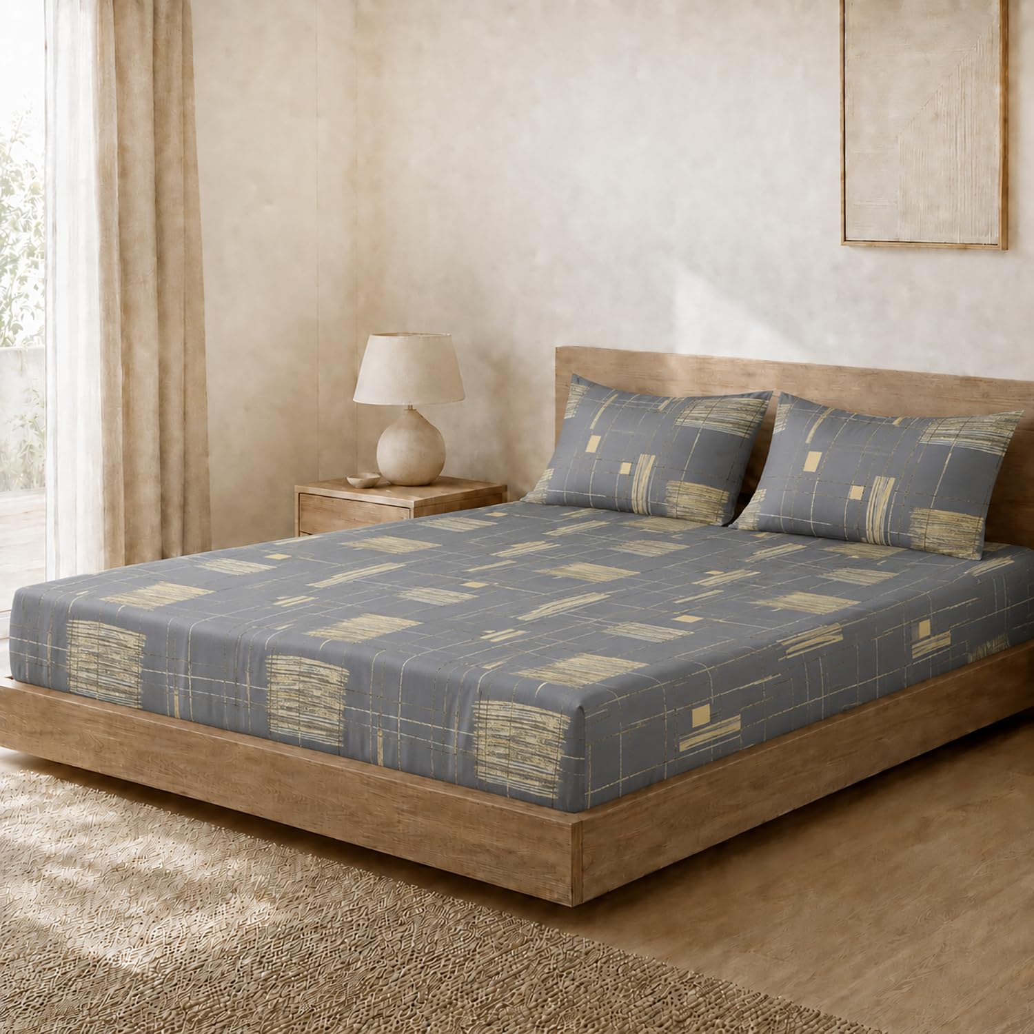 Double Bedsheet with 2 Pillow Covers Premium 240 TC 100% Cotton Feel King Size (108x108 inch ,  Grey )