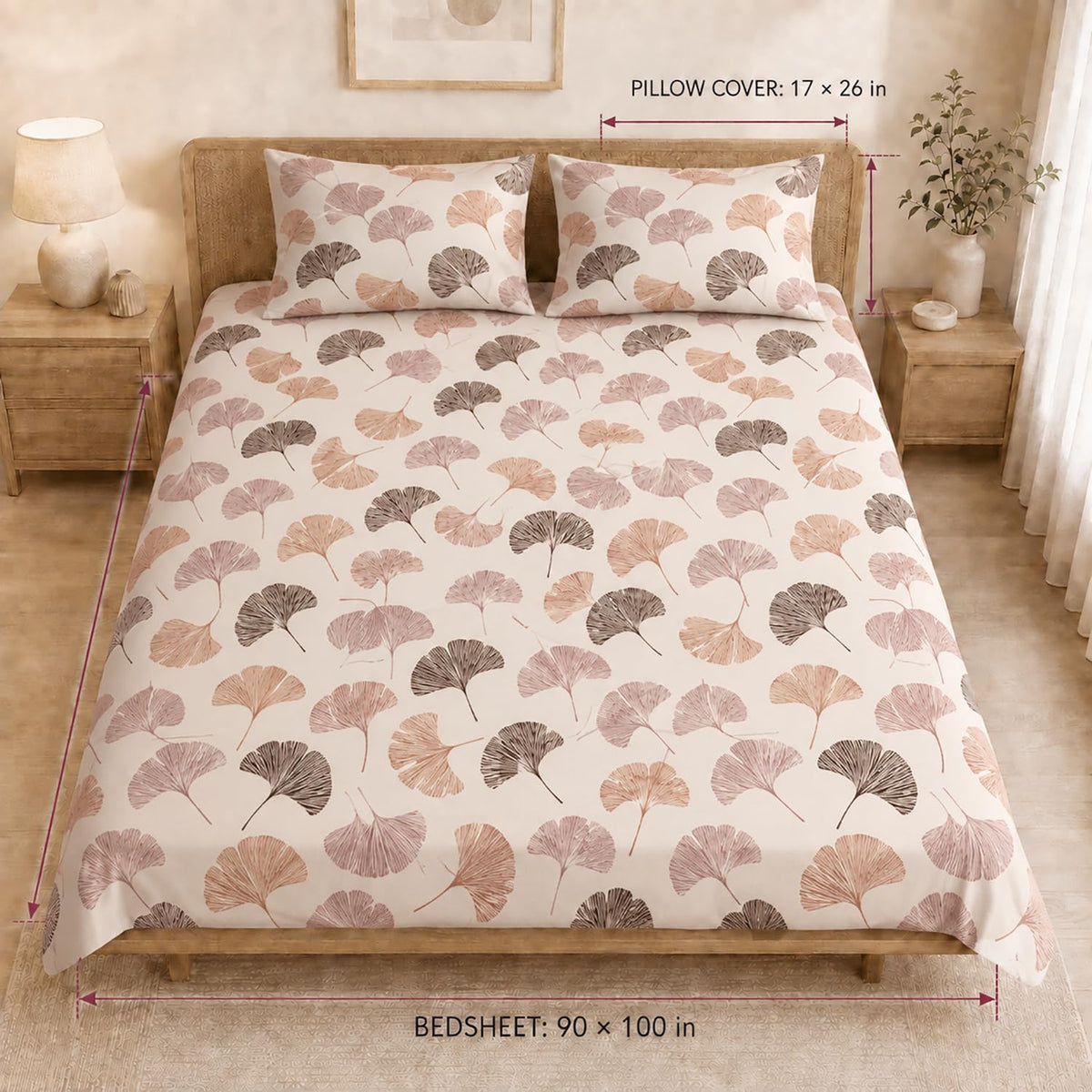 Double Bedsheet with 2 Pillow Covers 220 TC 100% Cotton Feel (  Pink , 90x100inch )