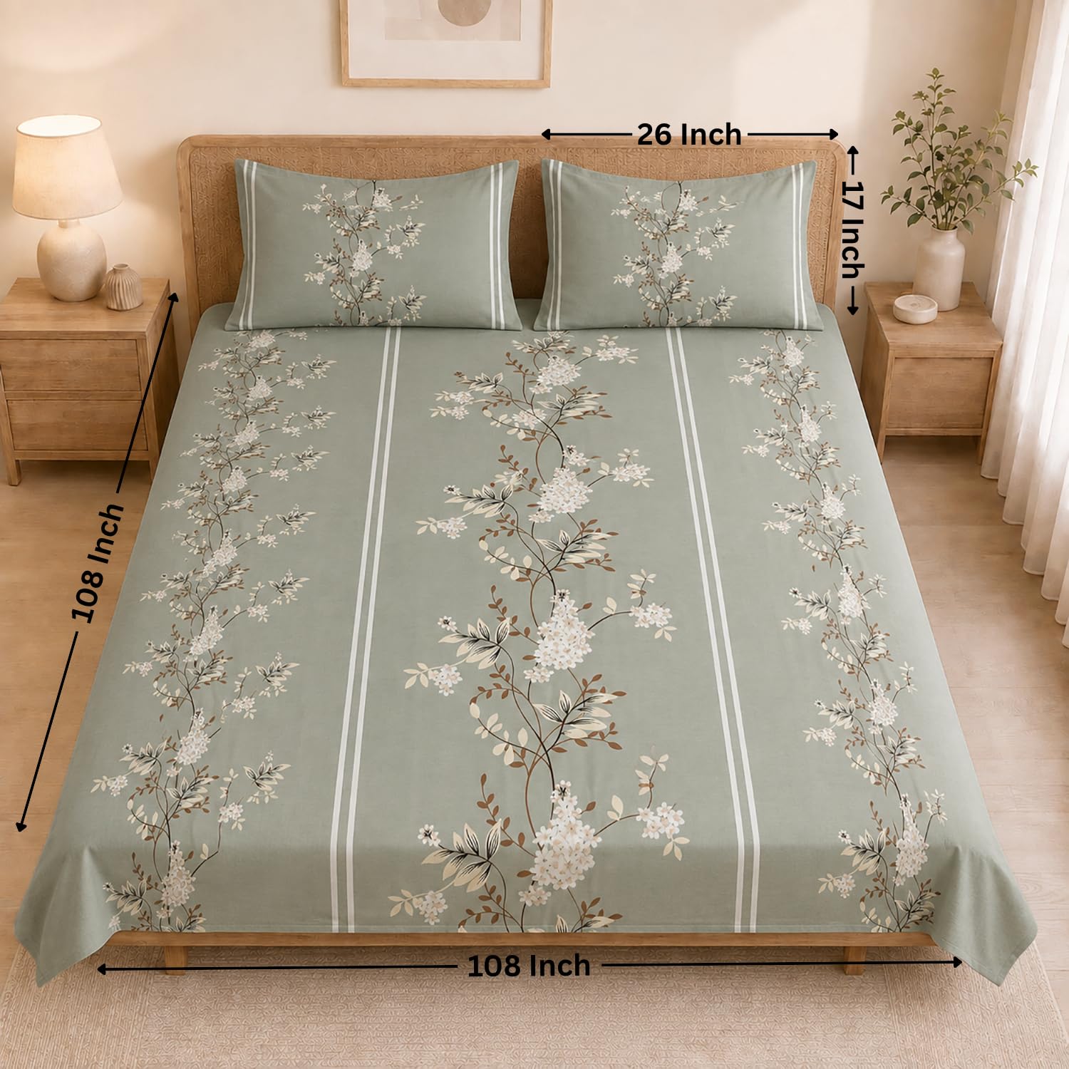 Double Bedsheet with 2 Pillow Covers Premium 240 TC 100% Cotton Feel ( King Size Green 108x108 inch )