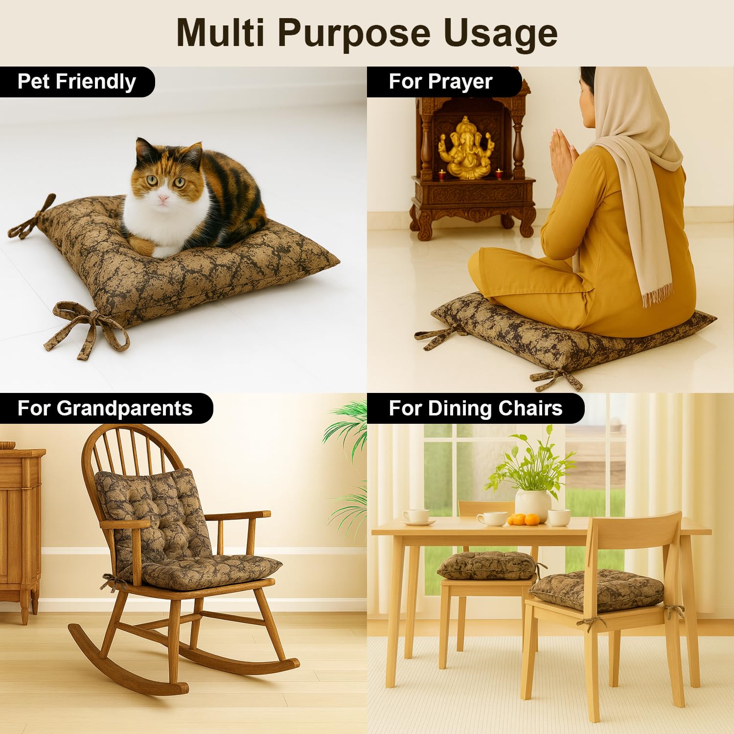 Polyester Chair Cushion Pad, Soft, Comfortable Back Support, Relaxing Backrest Pillow Cushions with Ties for Home, Office, Livingroom - (18x18 Inch, Brown) Pack of 2
