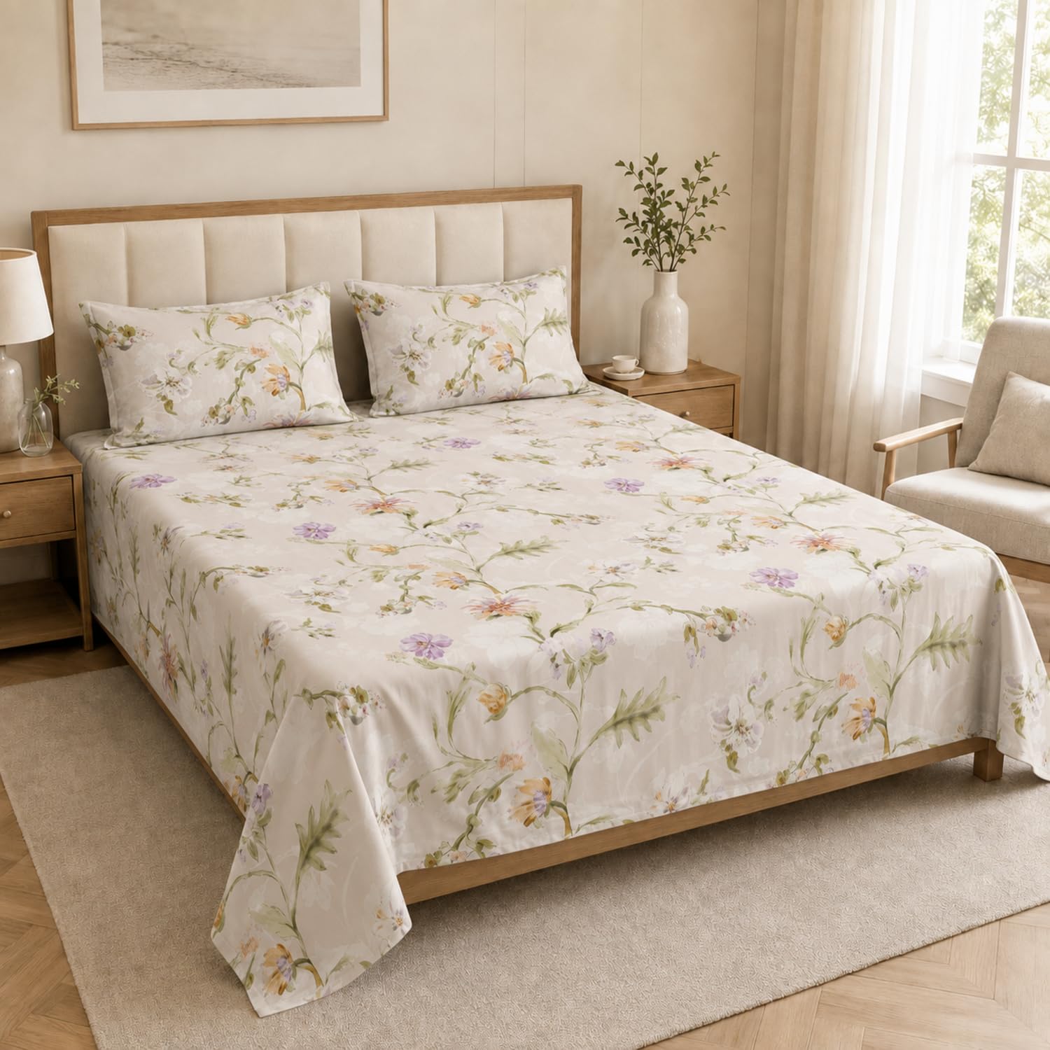Double Bedsheet with 2 Pillow Covers 220 TC 100% Cotton Feel ( King Size Ivory 90x100inch )