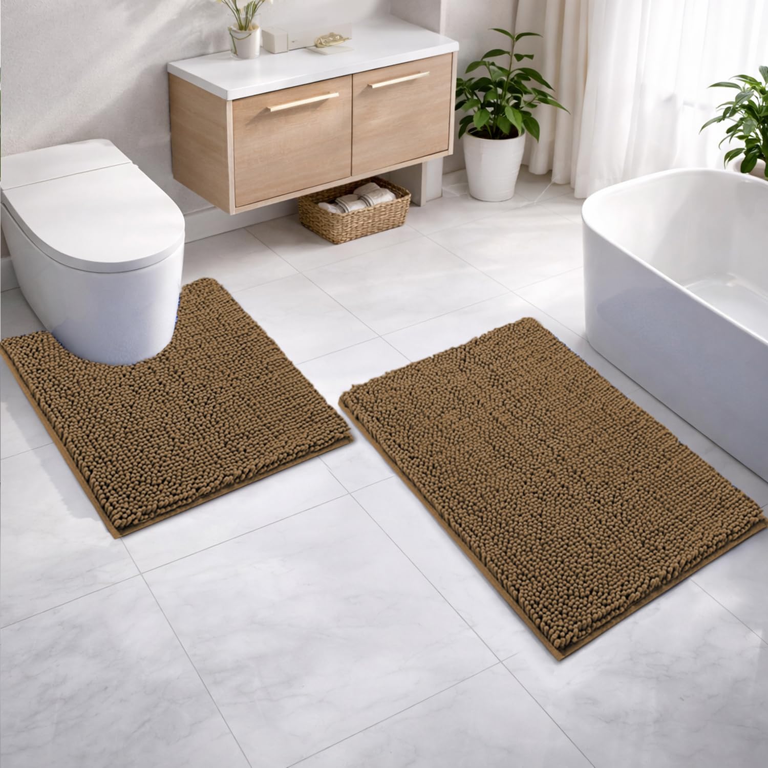 Microfibre Chenille Contour Bath Mat Set  Pack of 2 (Chocolate 40x60cm & 47x47cm)