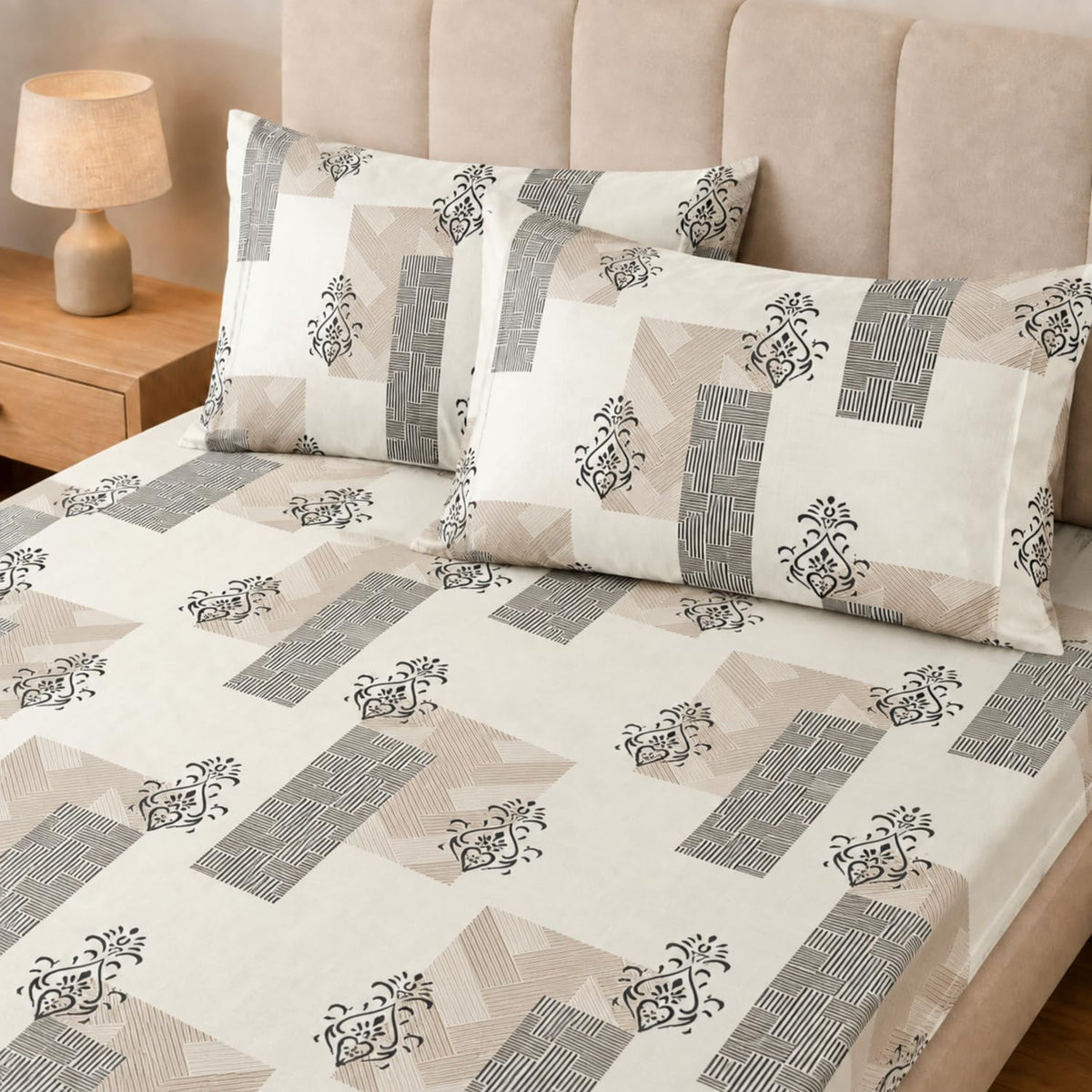 Double Bedsheet with 2 Pillow Covers King Size 220 TC 100% Cotton Feel  ( Beige 90x100 inch )