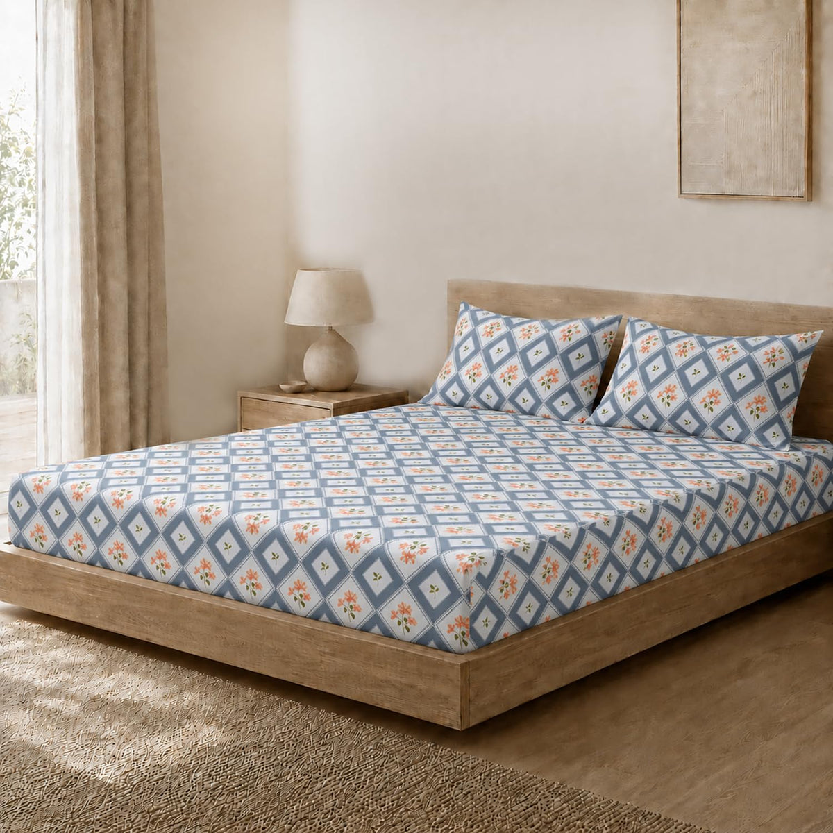 Double Bedsheet with 2 Pillow Covers Premium 240 TC 100% Cotton Feel (108x108 inch , Blue )