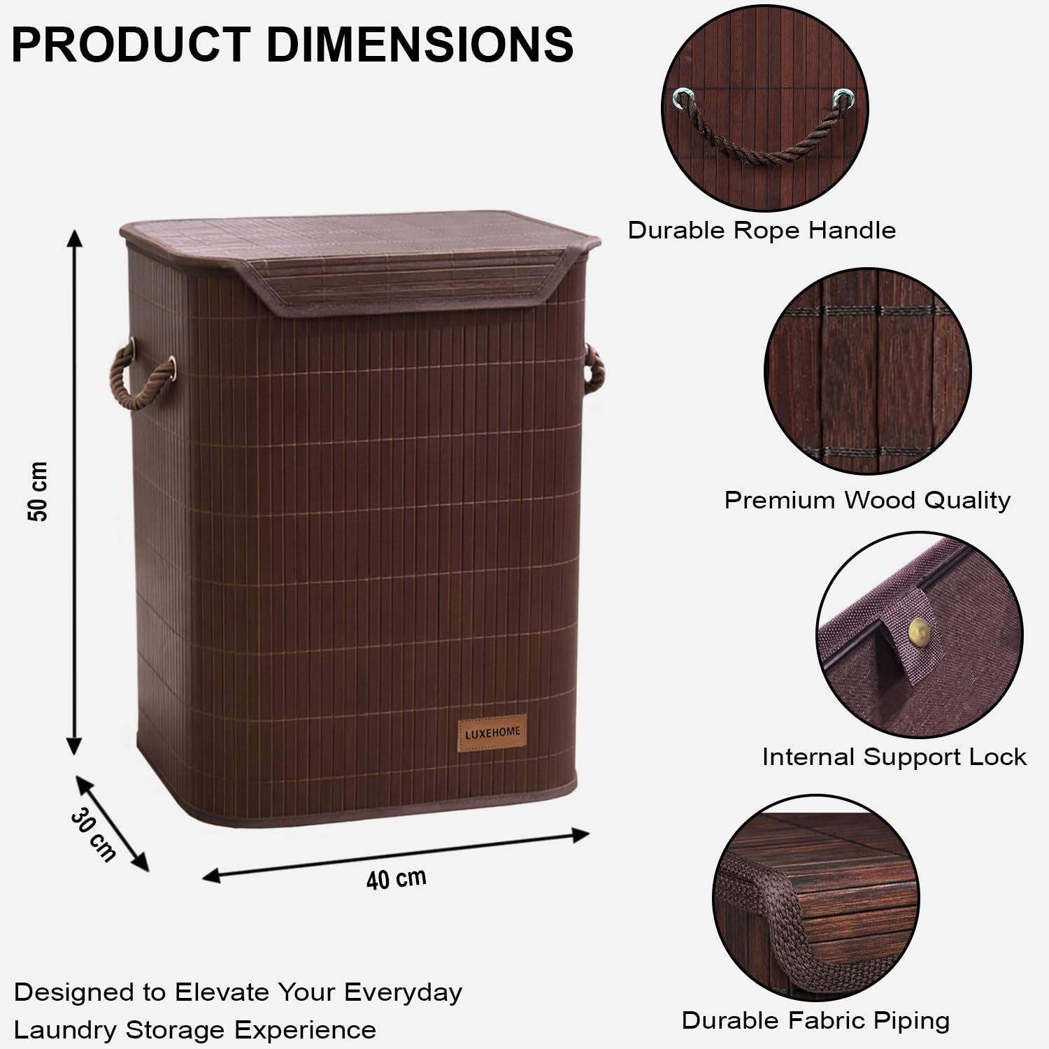 Rectangle Bamboo Laundry Basket for Clothes (Brown, 40x30x50 cm)