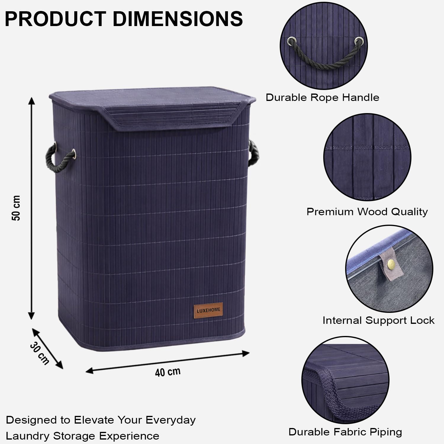 Rectangle Bamboo Laundry Basket for Clothes (Navy, 40x30x50 cm)