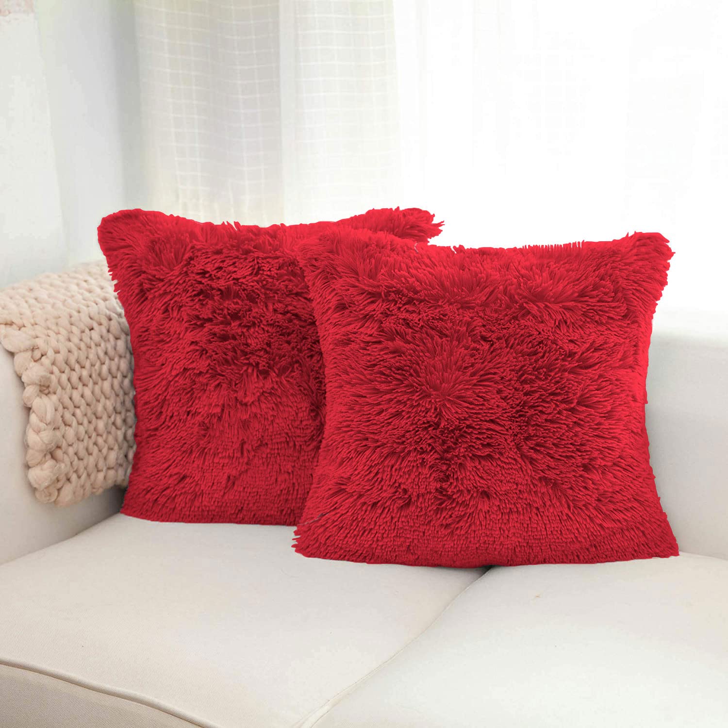 Shaggy Throw Pillow Covers Pack of 2 (16x16 Inches, Maroon)