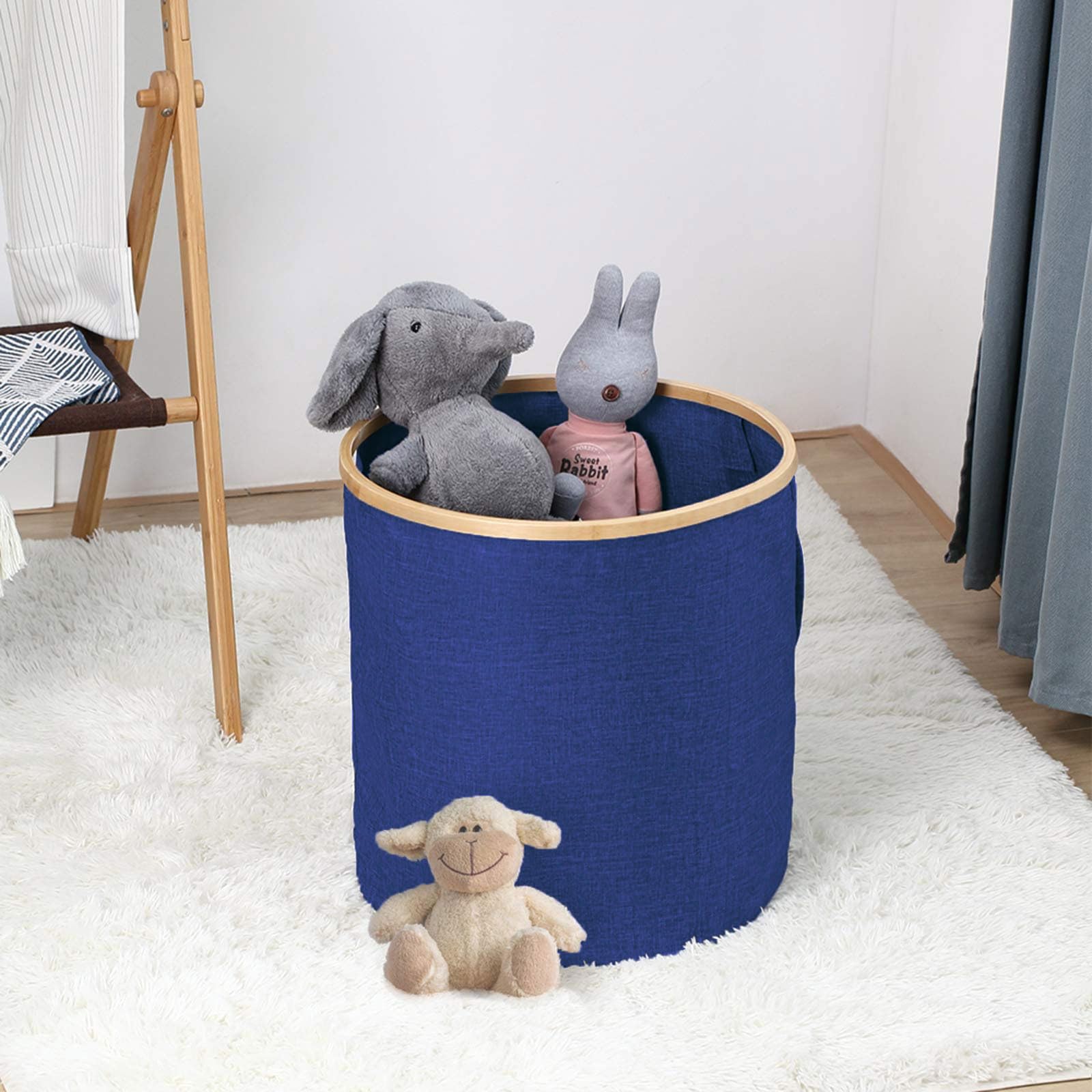 Large Round Fabric Storage Basket with Bamboo Handles (45L x 45W x 50H cm ,Blue )