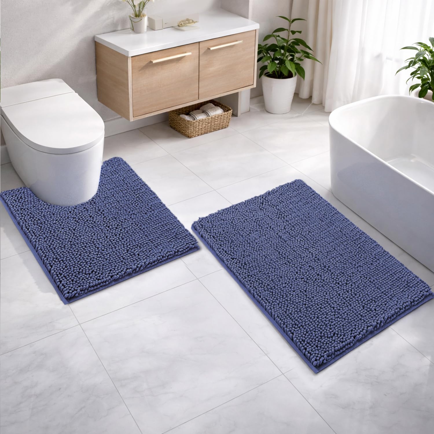 Microfibre Chenille Contour Bath Mat Set  Pack of 2 (Navy 40x60cm & 47x47cm)