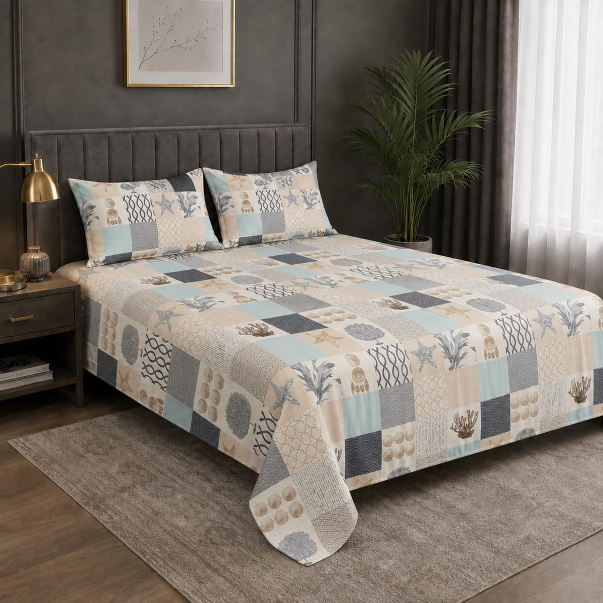 Double Bedsheet with 2 Pillow Covers 220 TC 100% Cotton Feel ( King Size Cream 90x100inch )